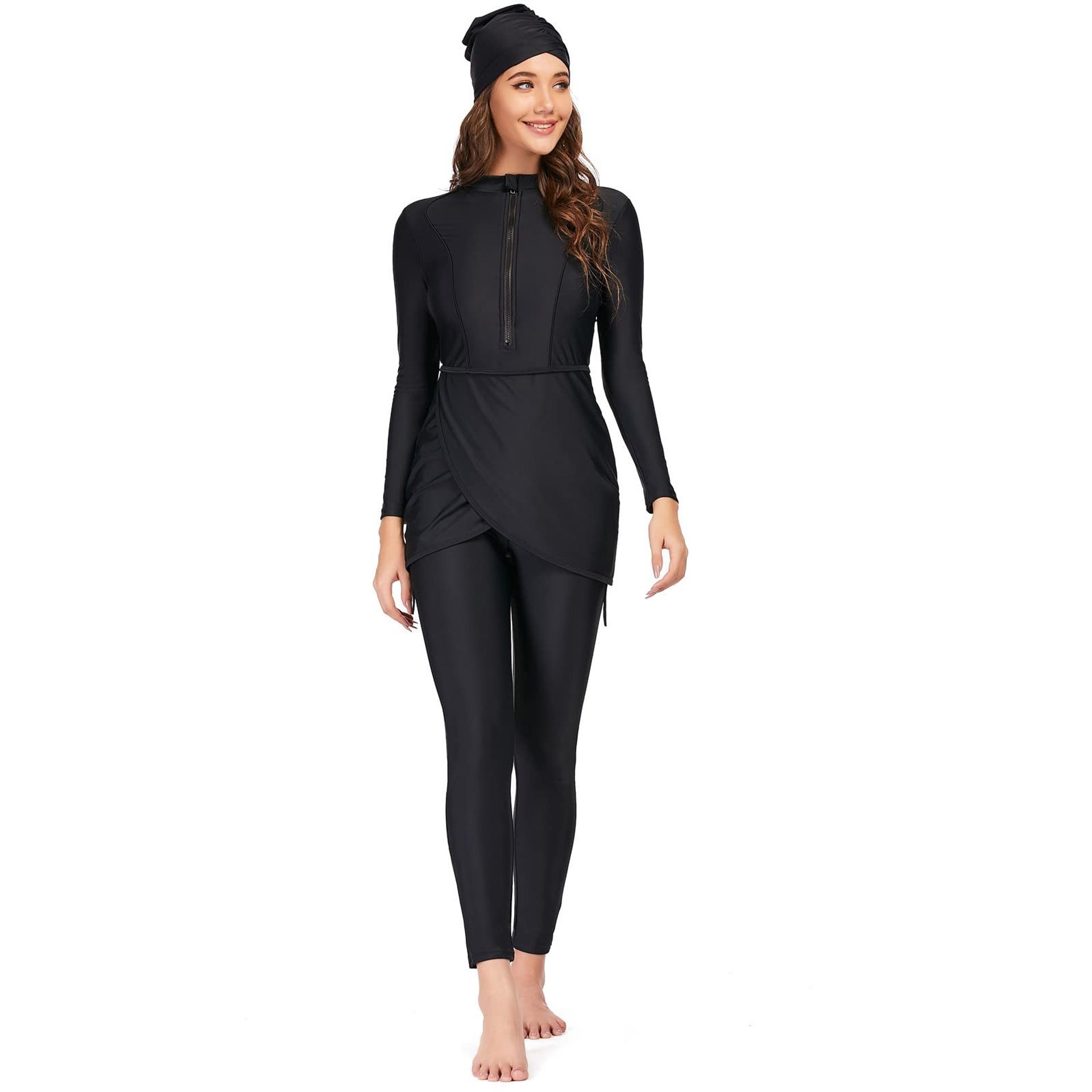 Women's Modest Burkini 3-Piece Islamic Swimwear with Hijab UV Protection - Black M