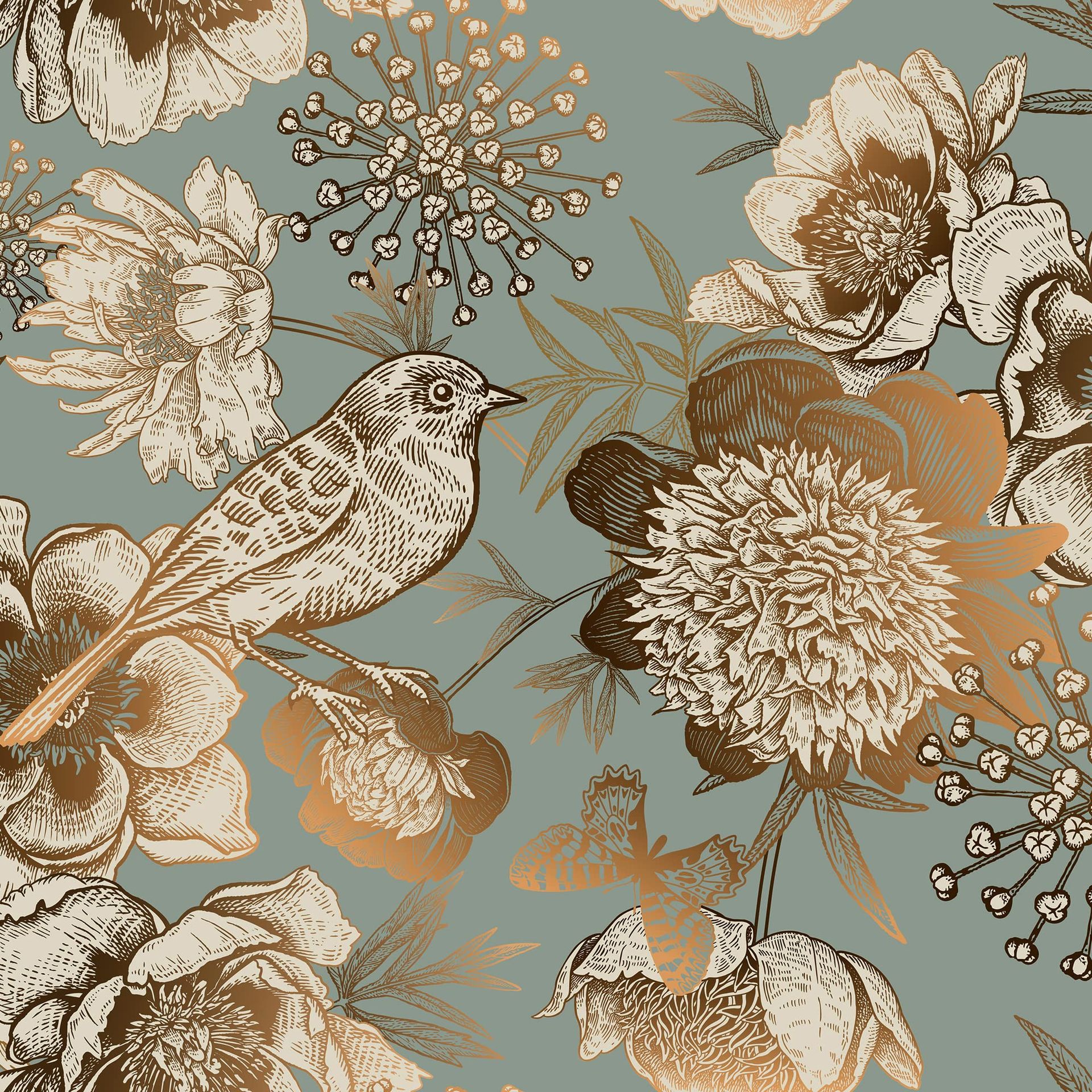 Self Adhesive Wallpaper Peel and Stick Vintage Floral Bird Design Repositionable PVC Wall Covering - Green Gold 44.5x1200cm - Spring Refresh