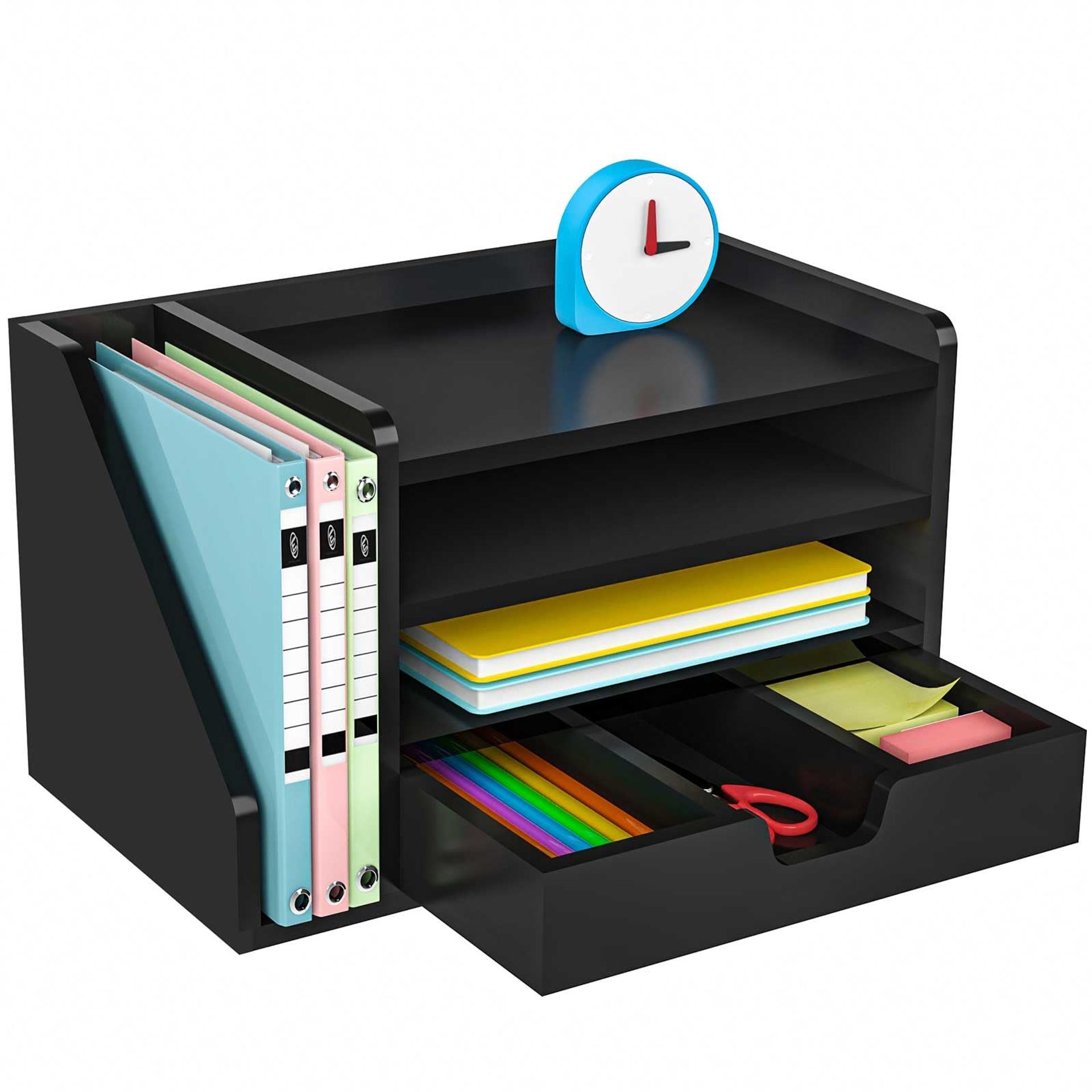 Wooden Desk Organiser with Drawer, File Shelf & Document Trays A4 for Home Office - Black Letter Trays & Stacking Supports
