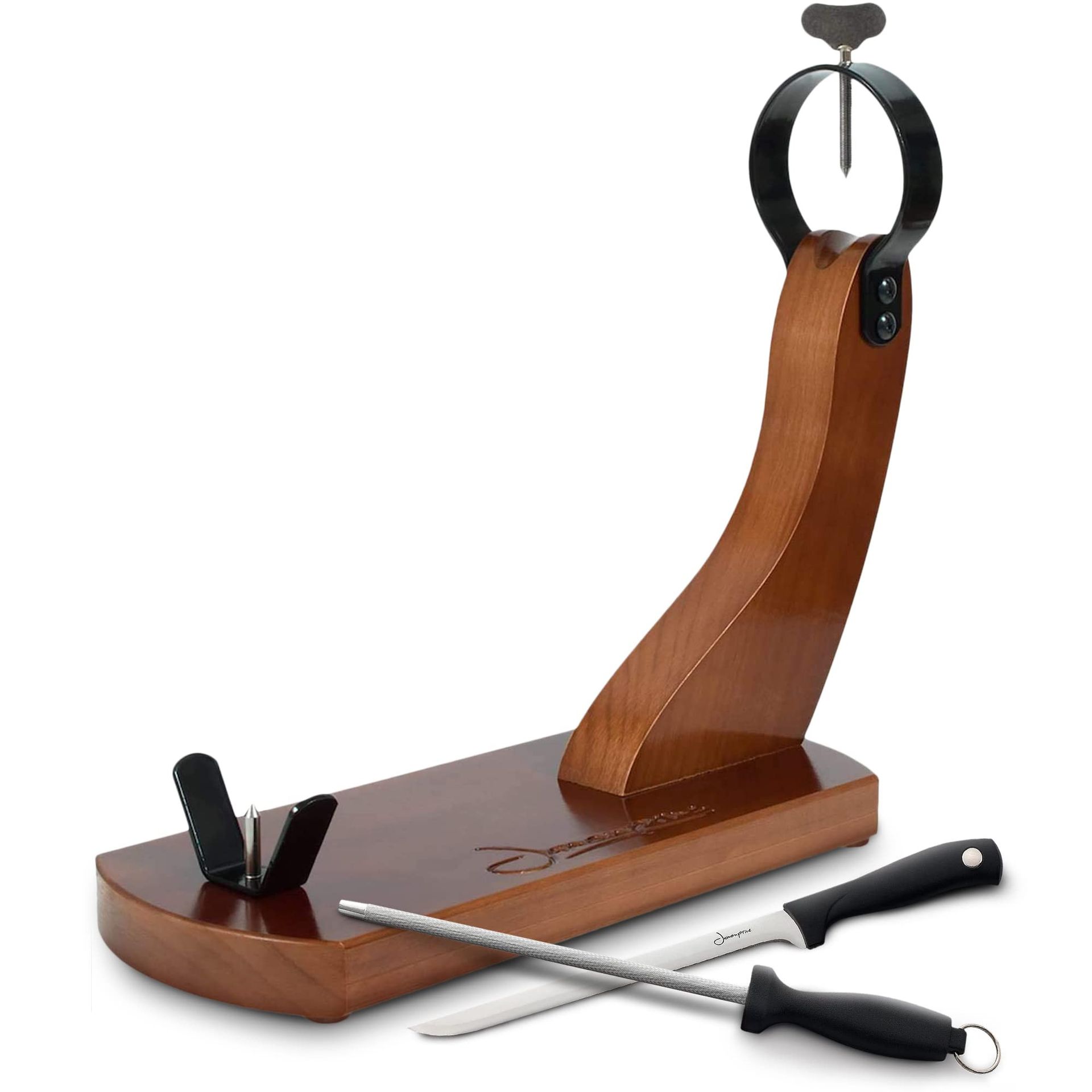Ham Stand Set with Non-slip Pads, Carving Knife & Sharpening Steel for Serrano and Iberico Hams - Tan EU390EU