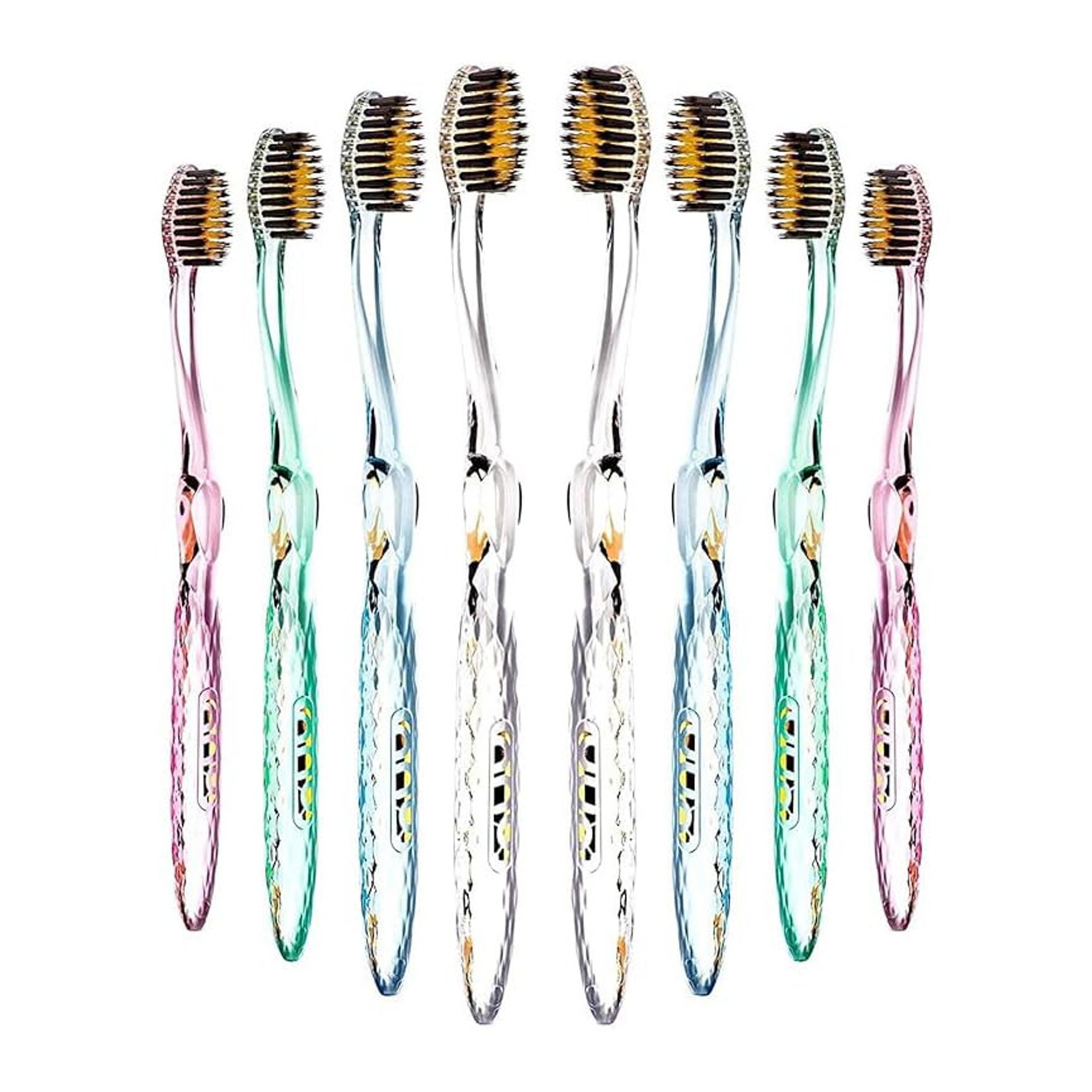 Manual Toothbrush Set for Adults with Sensitive Gums Antibacterial Gold & Charcoal Bristles 8-Pack with Travel Cases - Blue Pink Green Crystal