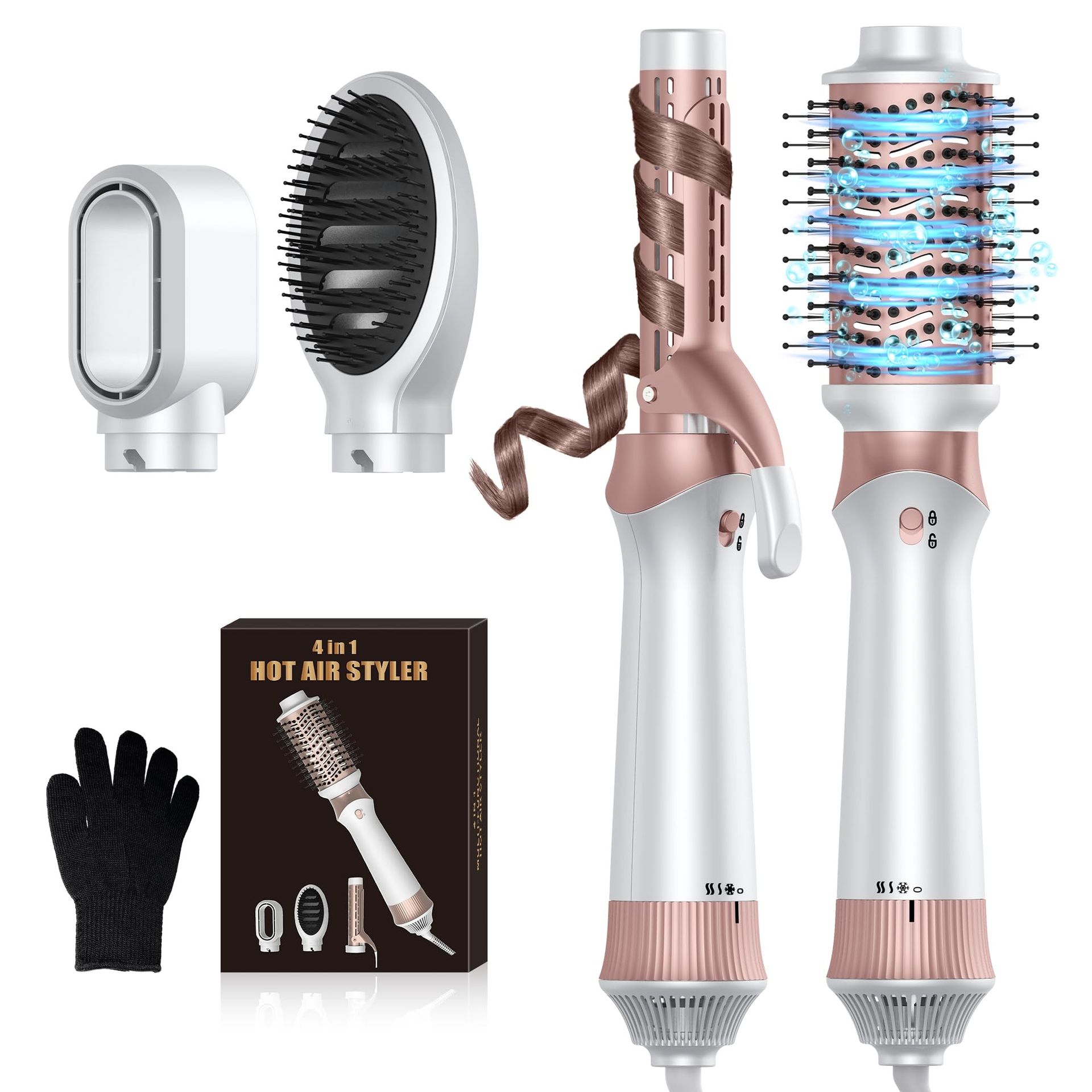 4 in 1 Hair Styler Hot Air Brush Set with Curling Wands and Dryer Attachments - White 4 in 1