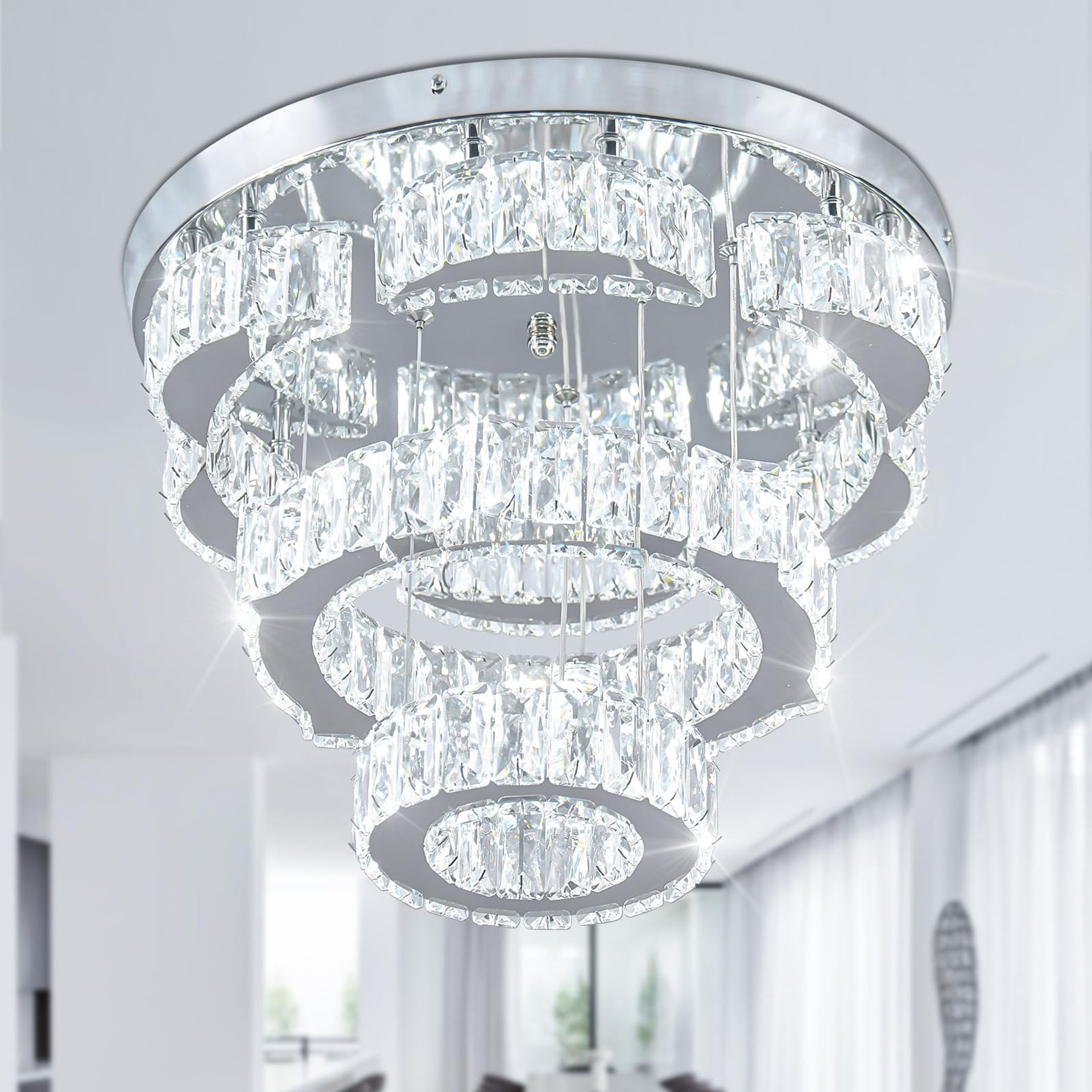 Modern Crystal Ceiling Light 40cm LED Chandelier 2-Ring Flower Design Dimmable with Remote Control - Stainless Steel Dimmable