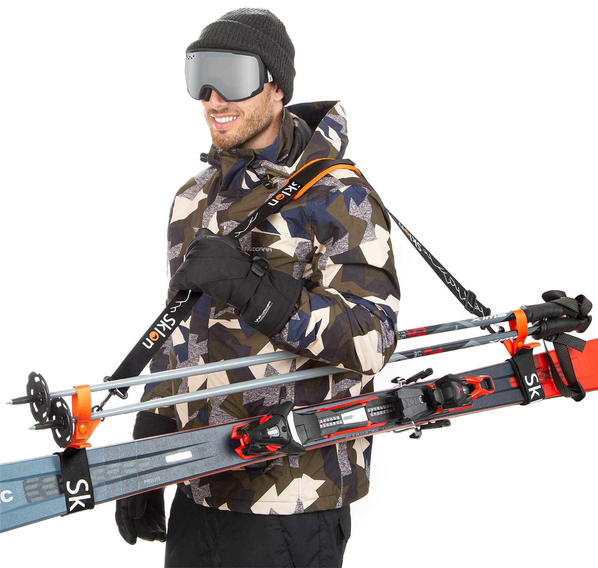 Ski Strap and Pole Carrier with Cushioned Shoulder Sling Easy Transport - Black/Orange Adjustable Length