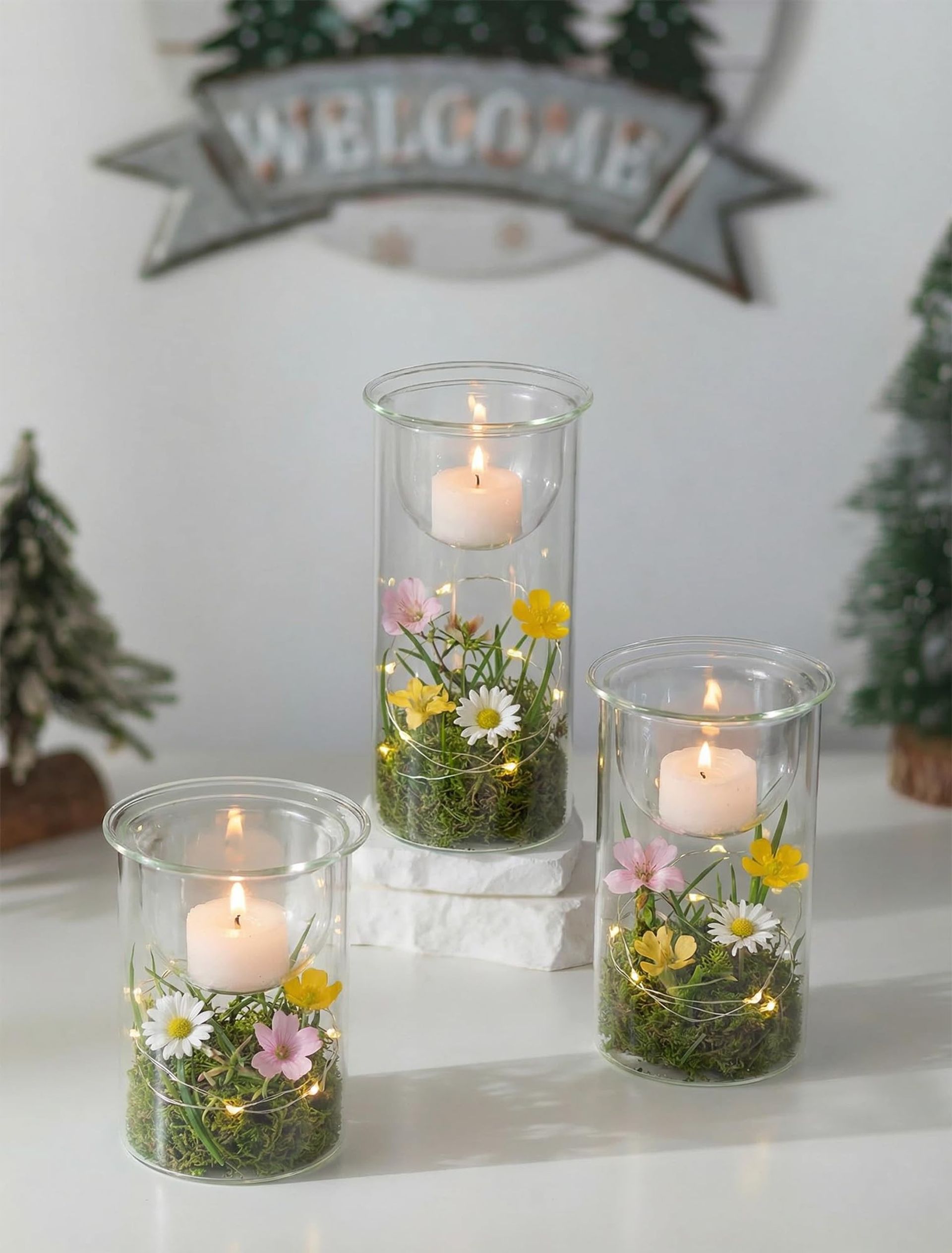 Christmas Glass Candle Holders Set of 3 with Red Berries Pinecones and Snowy Scene for Table Centrepiece and Fireplace Décor - Transparent Set of 3