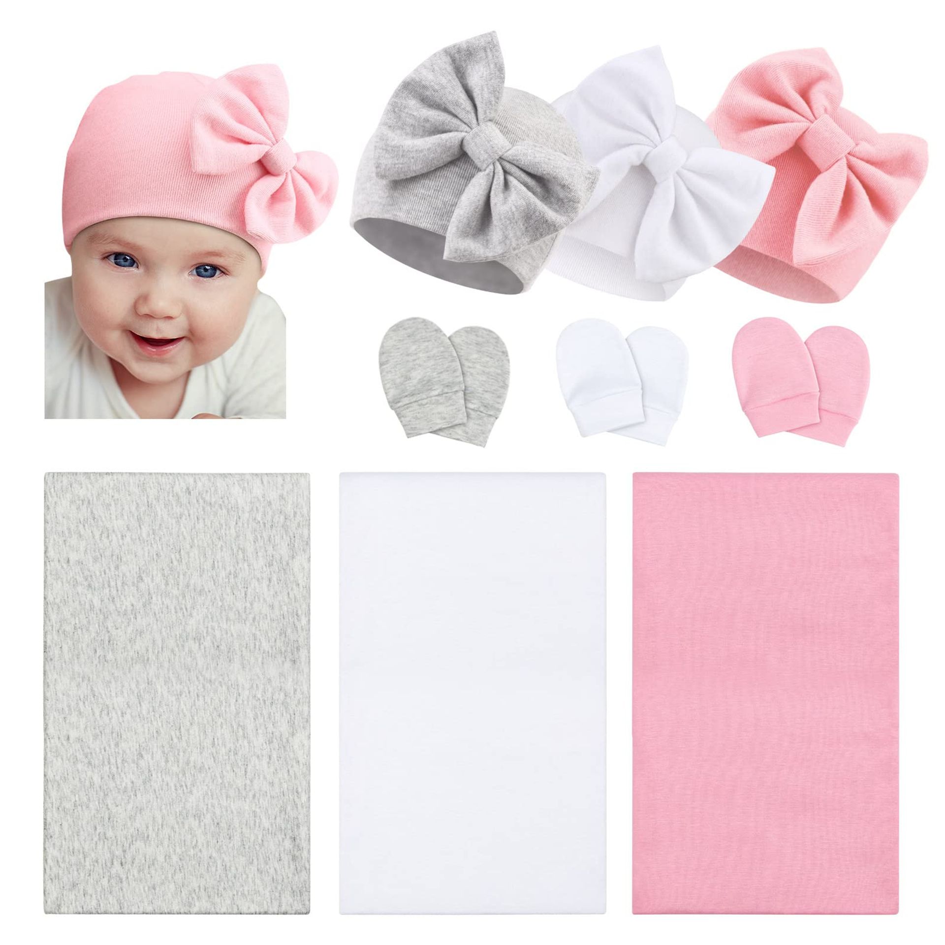 Newborn Baby Receiving Blanket Set Soft Cotton Swaddle with Hat & Mittens - 3 Sets 01 One Size