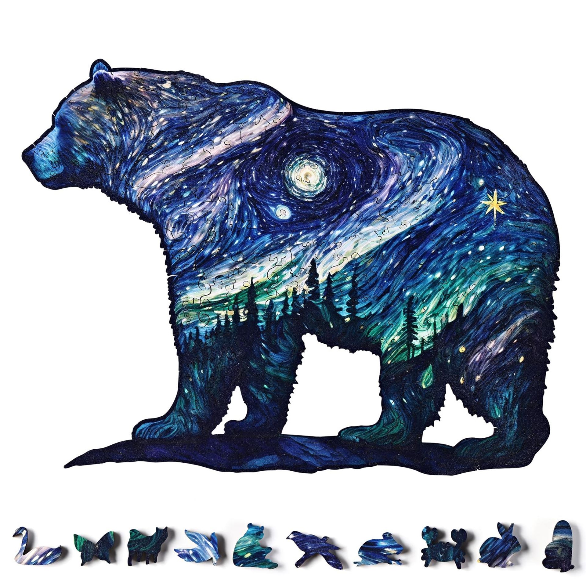 Wooden Animal Jigsaw Puzzle for Adults 300 Pieces Unique Cut Premium Family Game - Starry Bear Large
