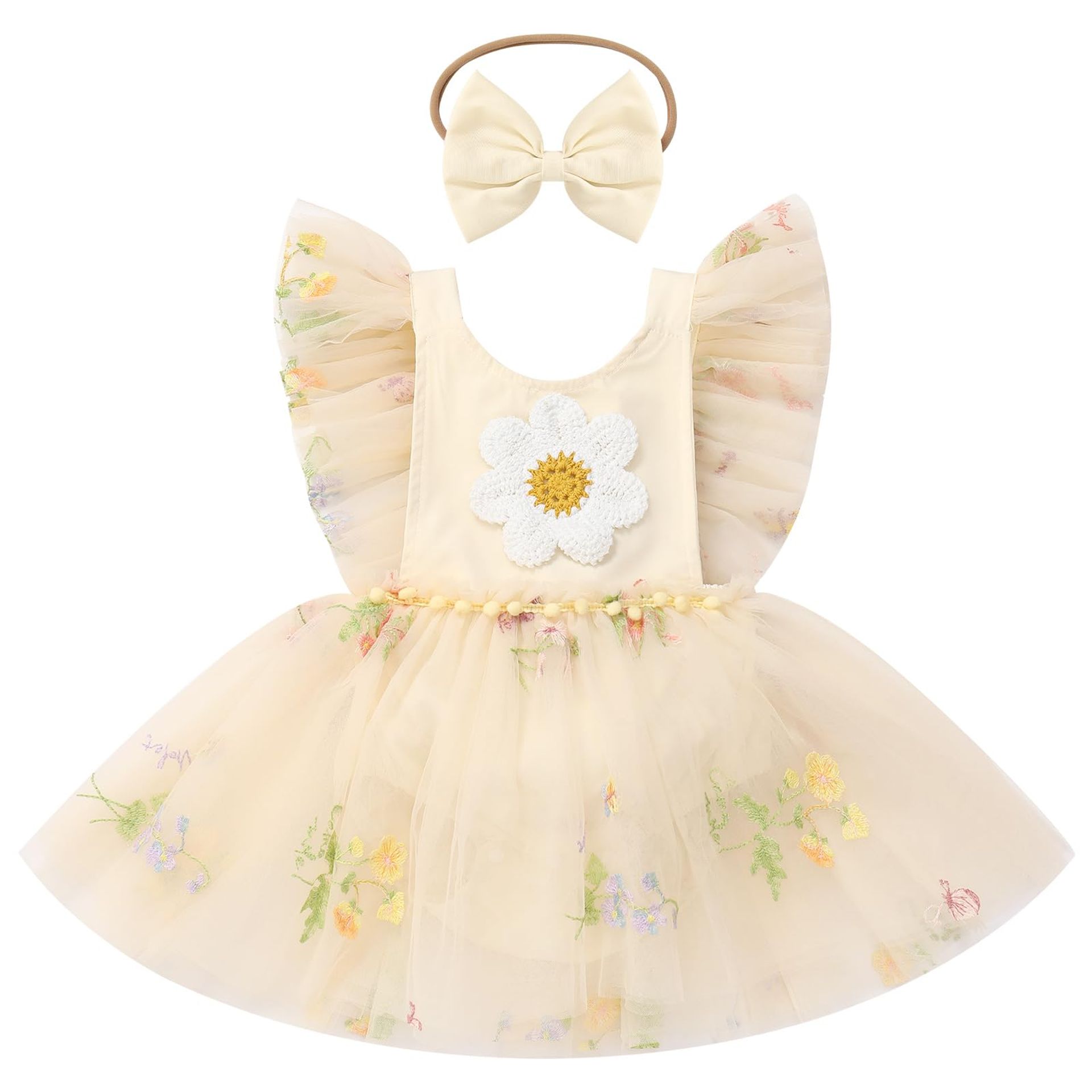 Baby Girl Princess Tutu Romper Dress Floral Embroidery Backless One-Piece Birthday Outfit - Apricot 18-24 Months