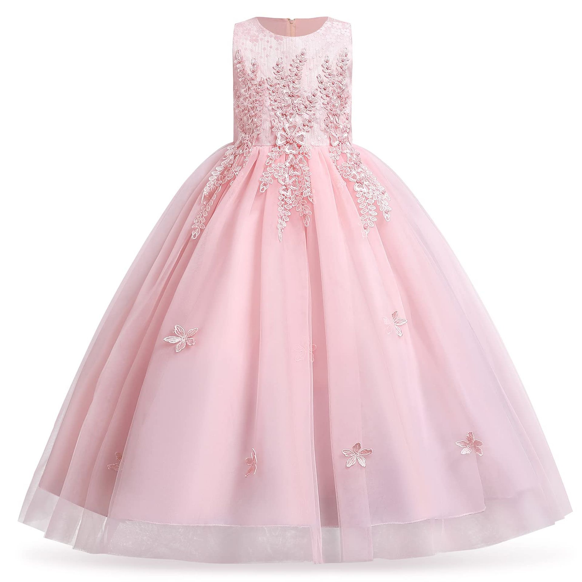 Girls Floral Embroidered Lace Tulle Princess Party Wedding Dress - Shrimp Pink 5-6 Years