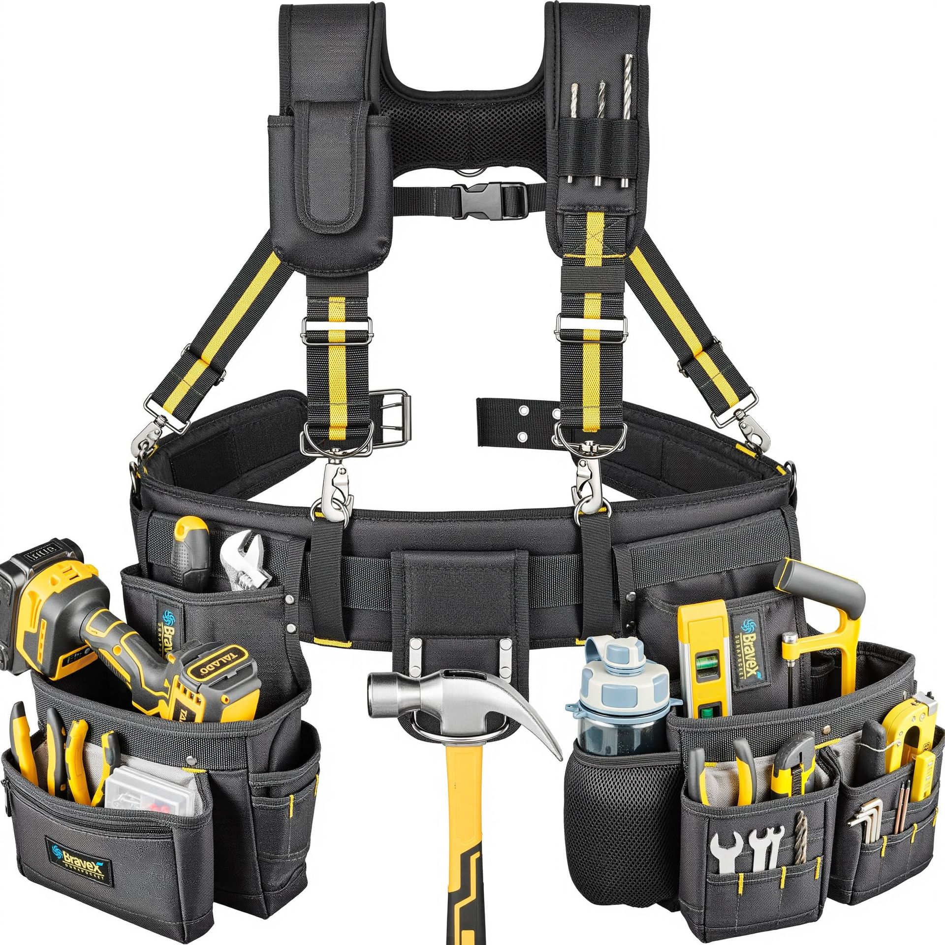 Motovecor Tool Belt with Suspenders 20 Pocket Heavy Duty Work Pouch Adjustable Fit - Black Yellow Large