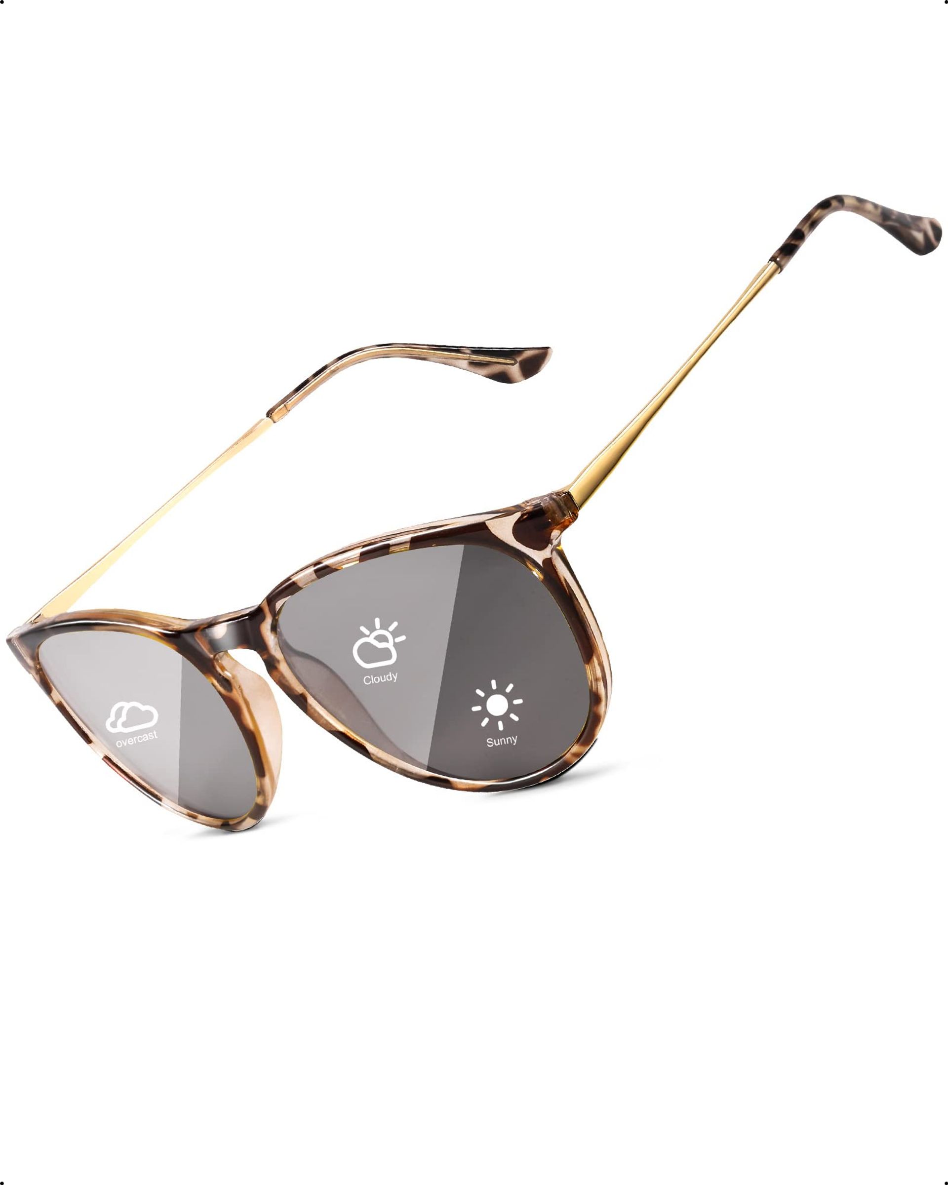 Photochromic Polarised Sunglasses Unisex Retro Round UV400 Driving Glasses - White Tortoise Frame/Photochromic Lens