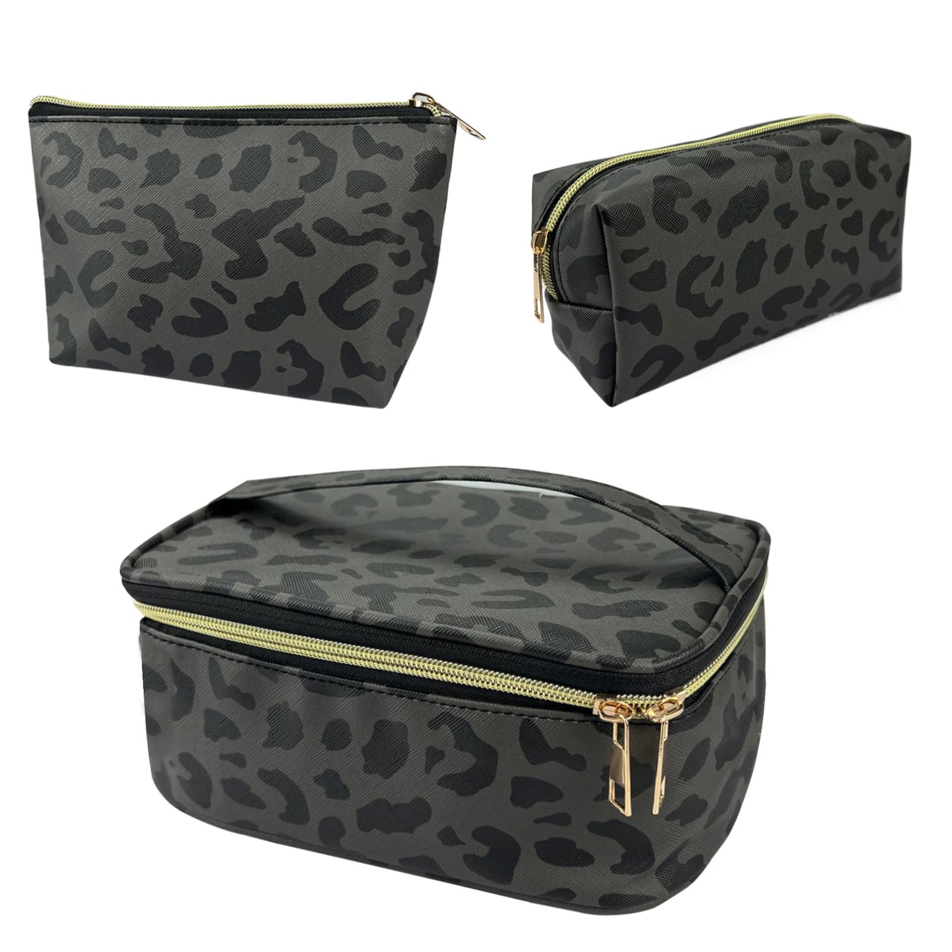 3 Piece Makeup Bag Set Waterproof PVC Travel Cosmetic Organiser for Women and Girls - Black Leopard Cheetah K1