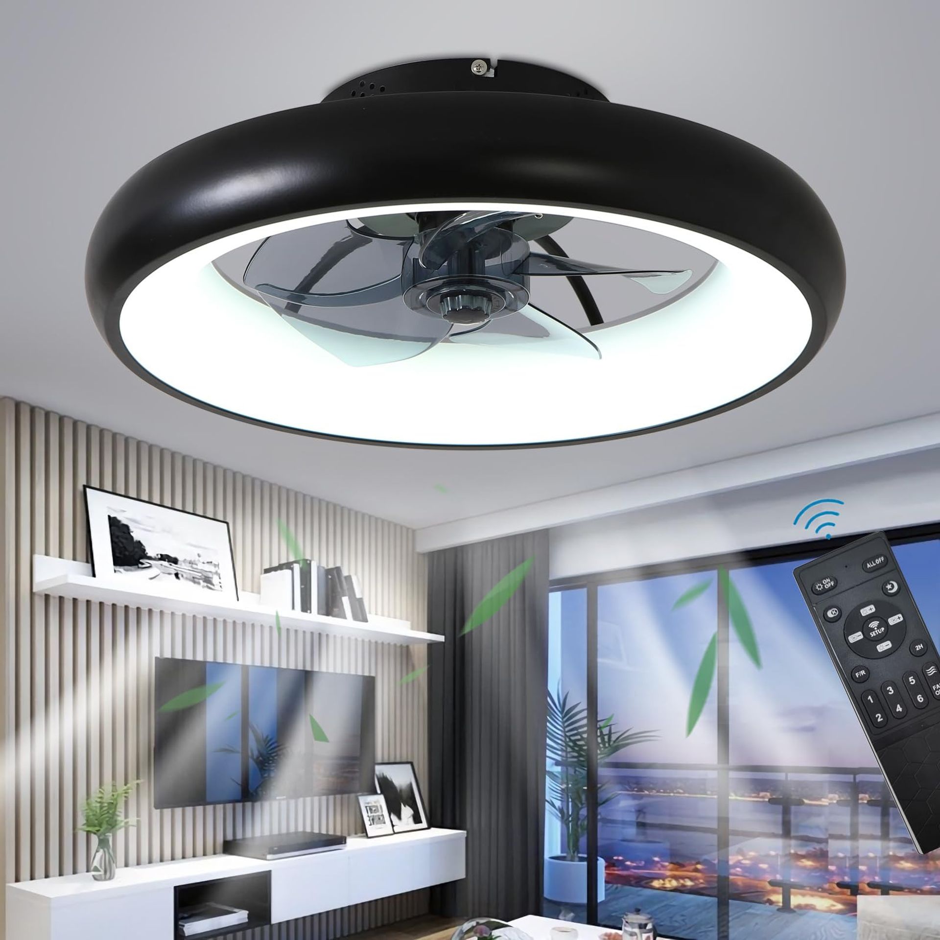 Ceiling Fan with Light 48CM Modern LED 36W Dimmable Reversible 6-Speed Quiet Operation Remote & APP Control - Black 48CM