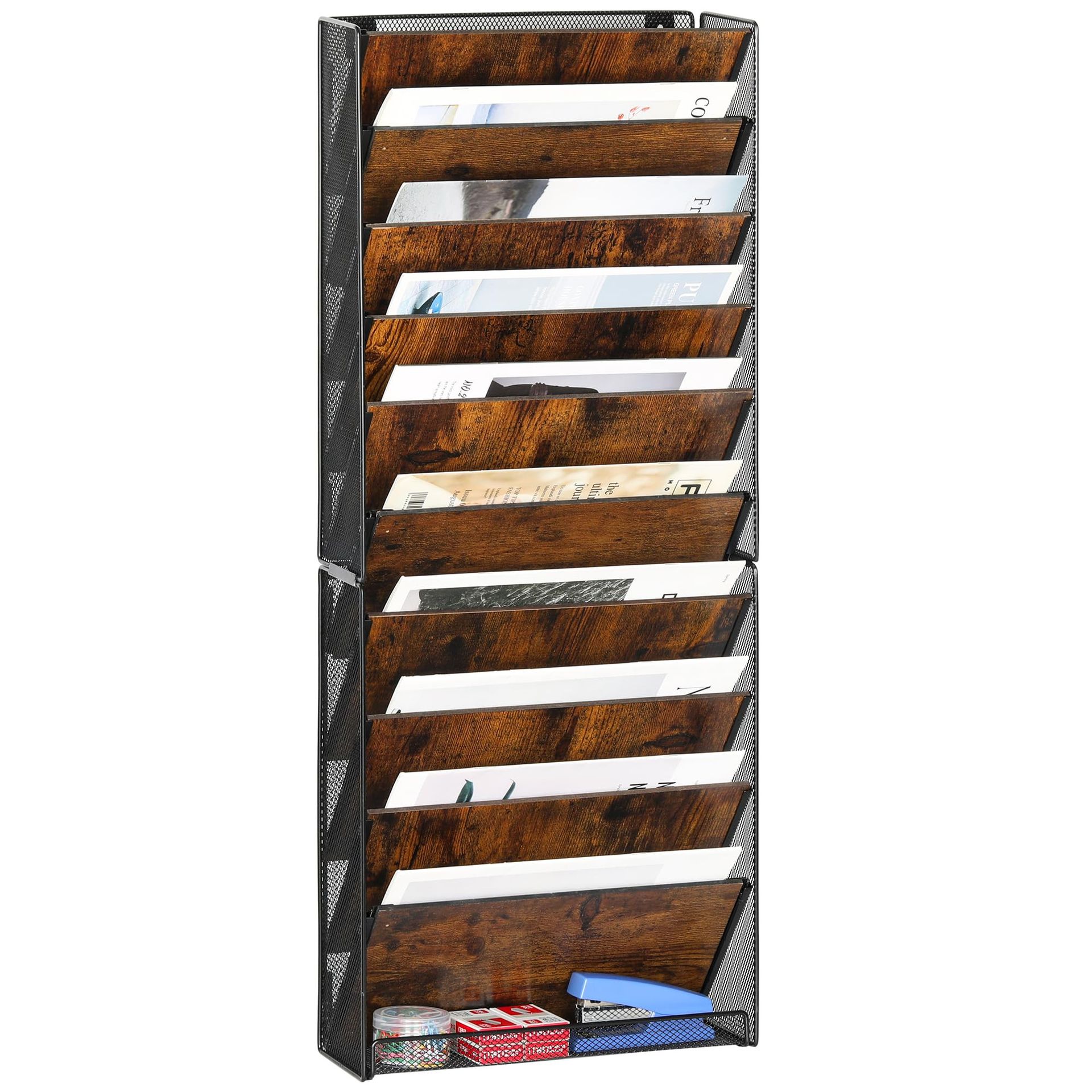 10 Tier Wall File Organiser Wooden Magazine & Paper Holder A4 Document Storage for Office or Home - Black/Antique 10 Tier - Student Essentials