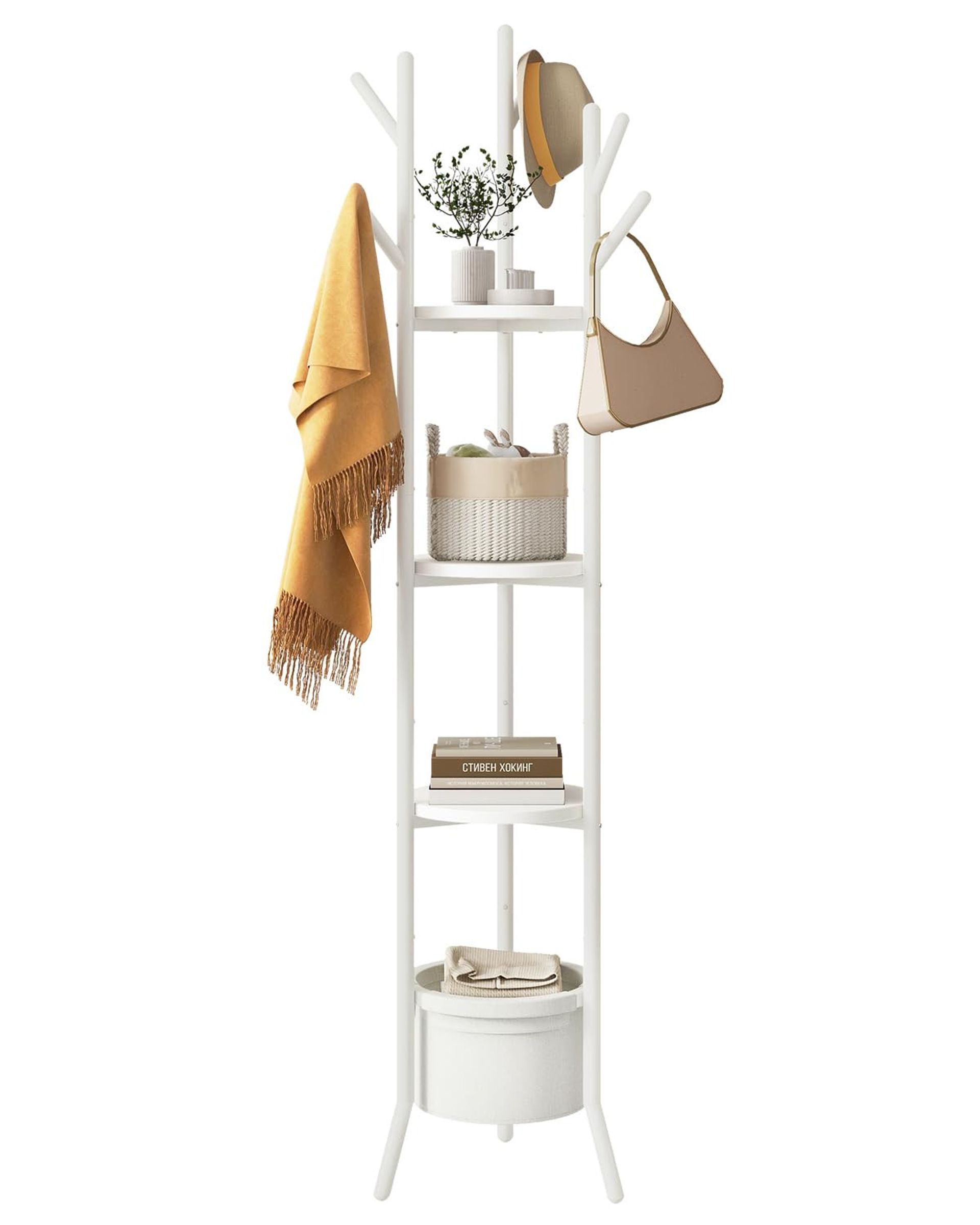 Freestanding Coat Rack with 3 Wooden Shelves & Fabric Basket Hall Tree for Hallway Bedroom - White Compact