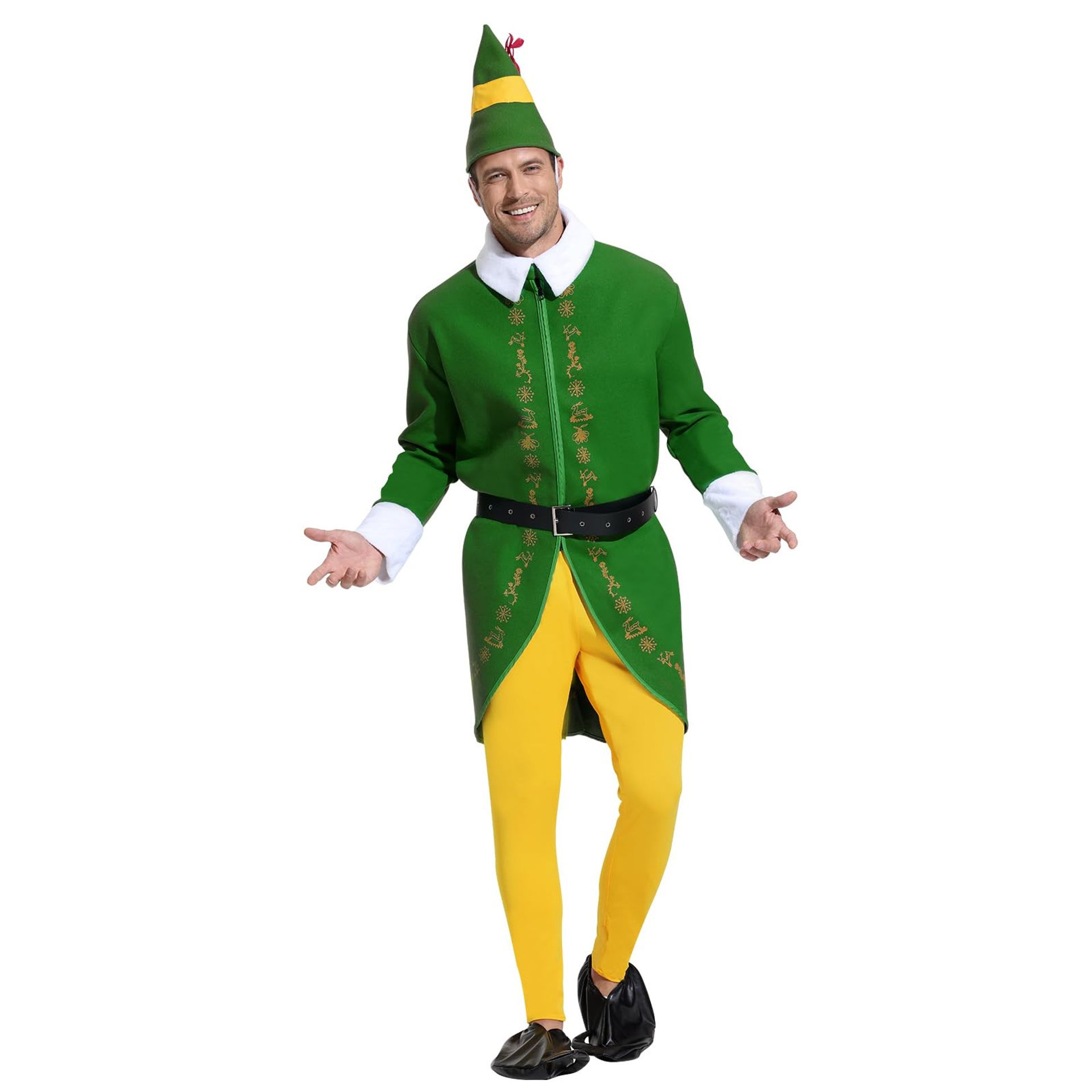 Men's Deluxe Christmas Elf Fancy Dress Costume with Jacket, Belt, Hat & Trousers - Green L