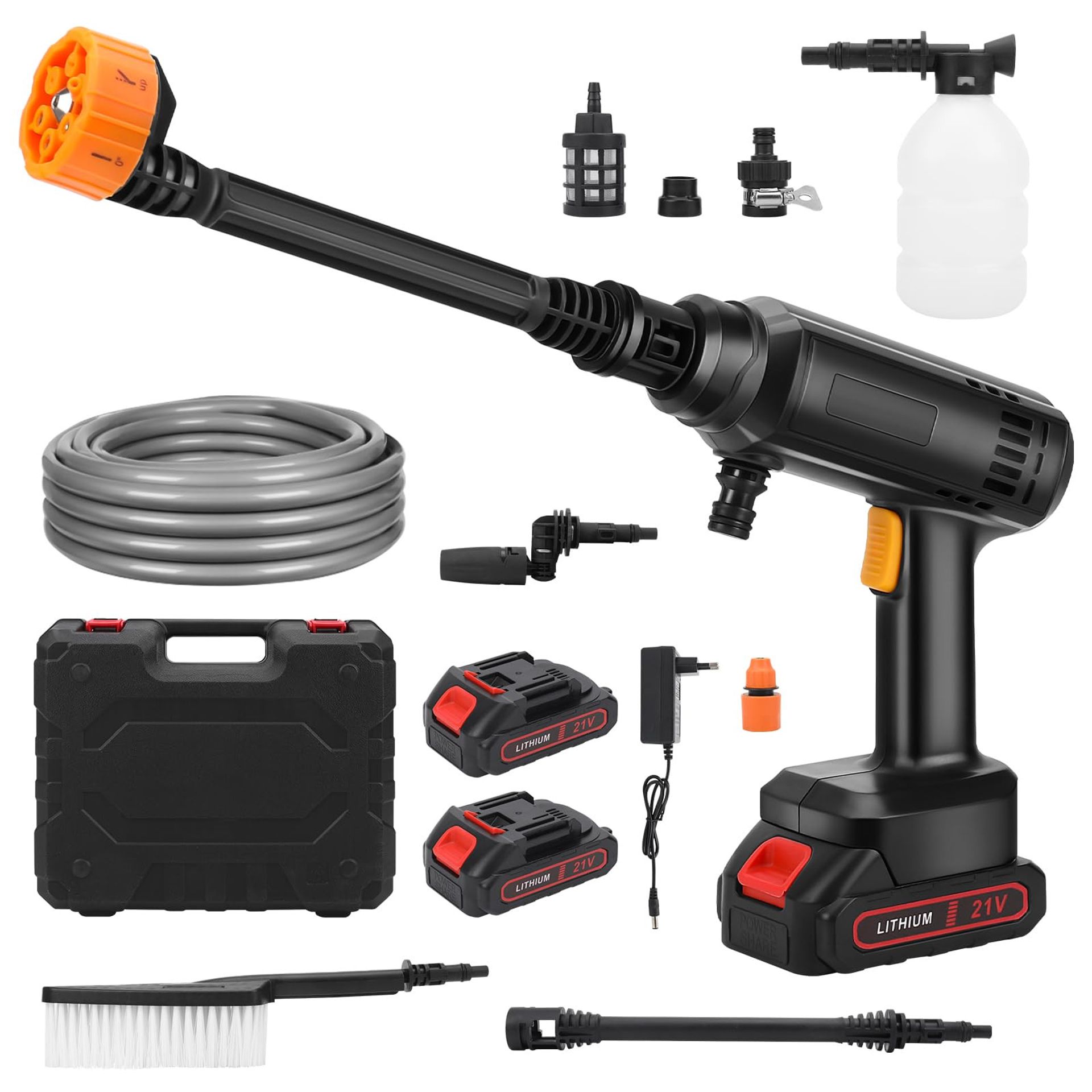 Cordless Pressure Washer Portable High-Pressure Cleaner 21V with 2 Batteries, 5m Hose & Nozzle for Car, Garden & Patio Cleaning - Black XZF0286