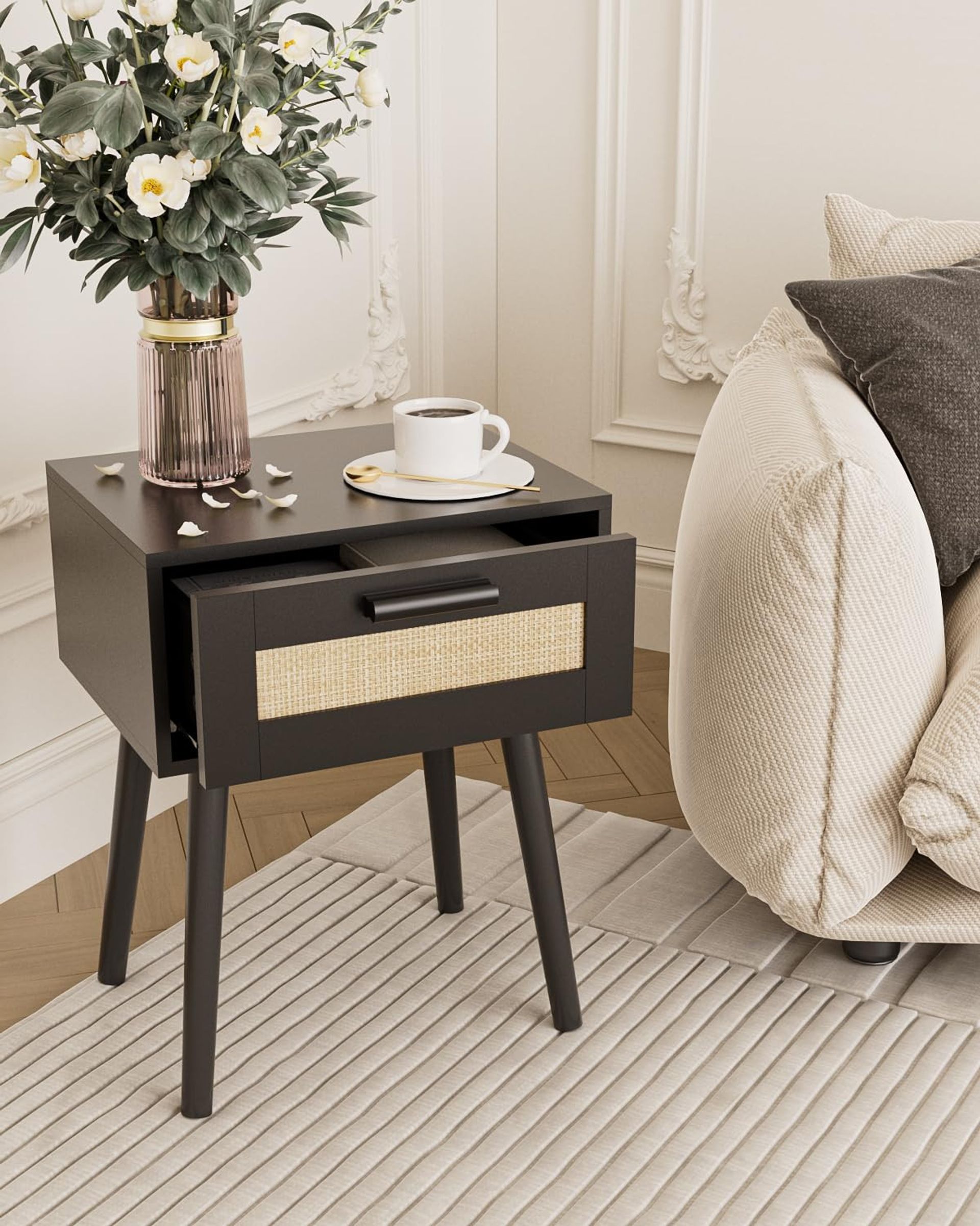 Rattan Bedside Table Modern Nightstand with Drawer and Solid Wood Legs for Bedroom or Living Room - Black 39x30x50 - Spring Refresh