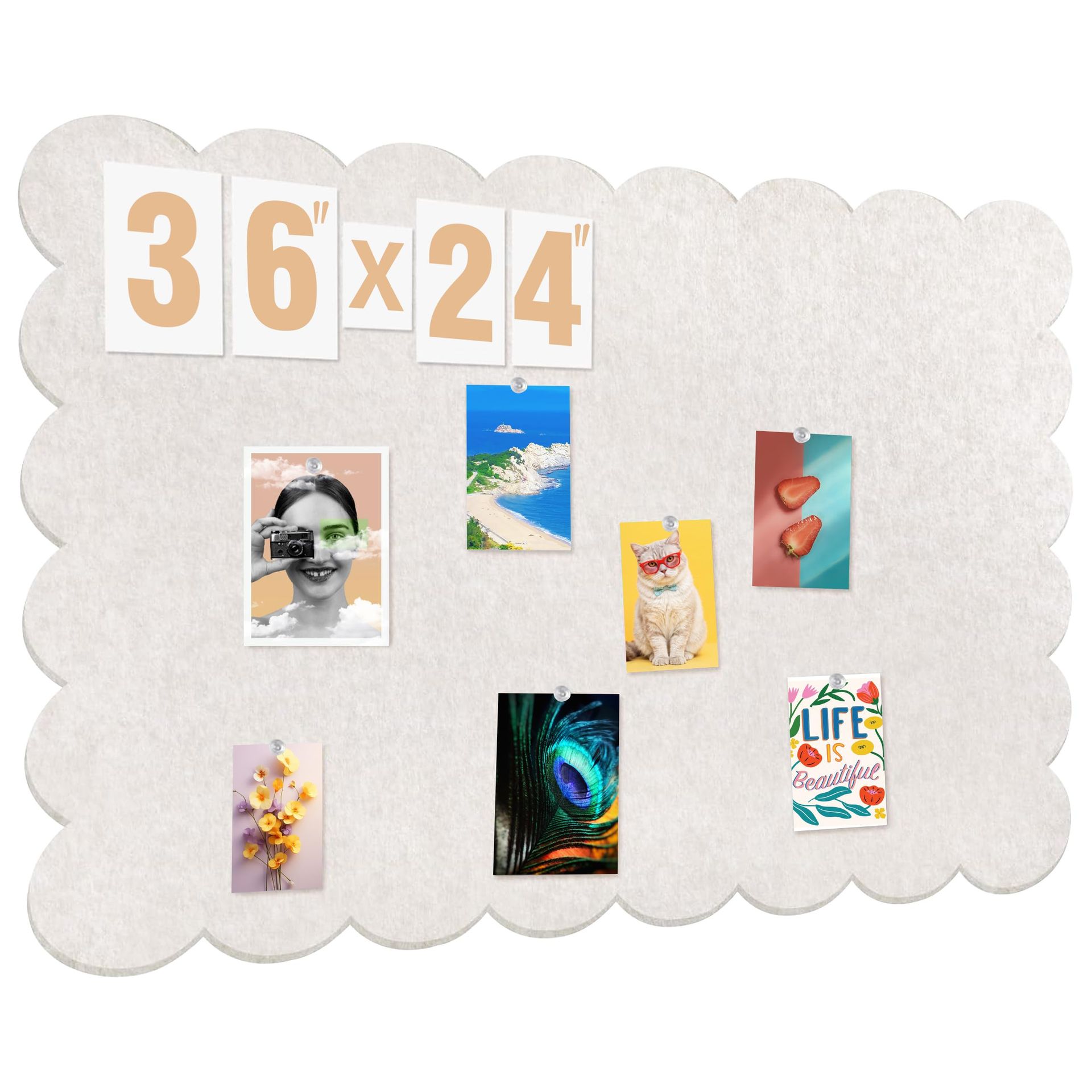 Felt Bulletin Board Scalloped Foldable Design Self-Adhesive Pin Cork Board for Home, Office or School - Beige 36" x 24"