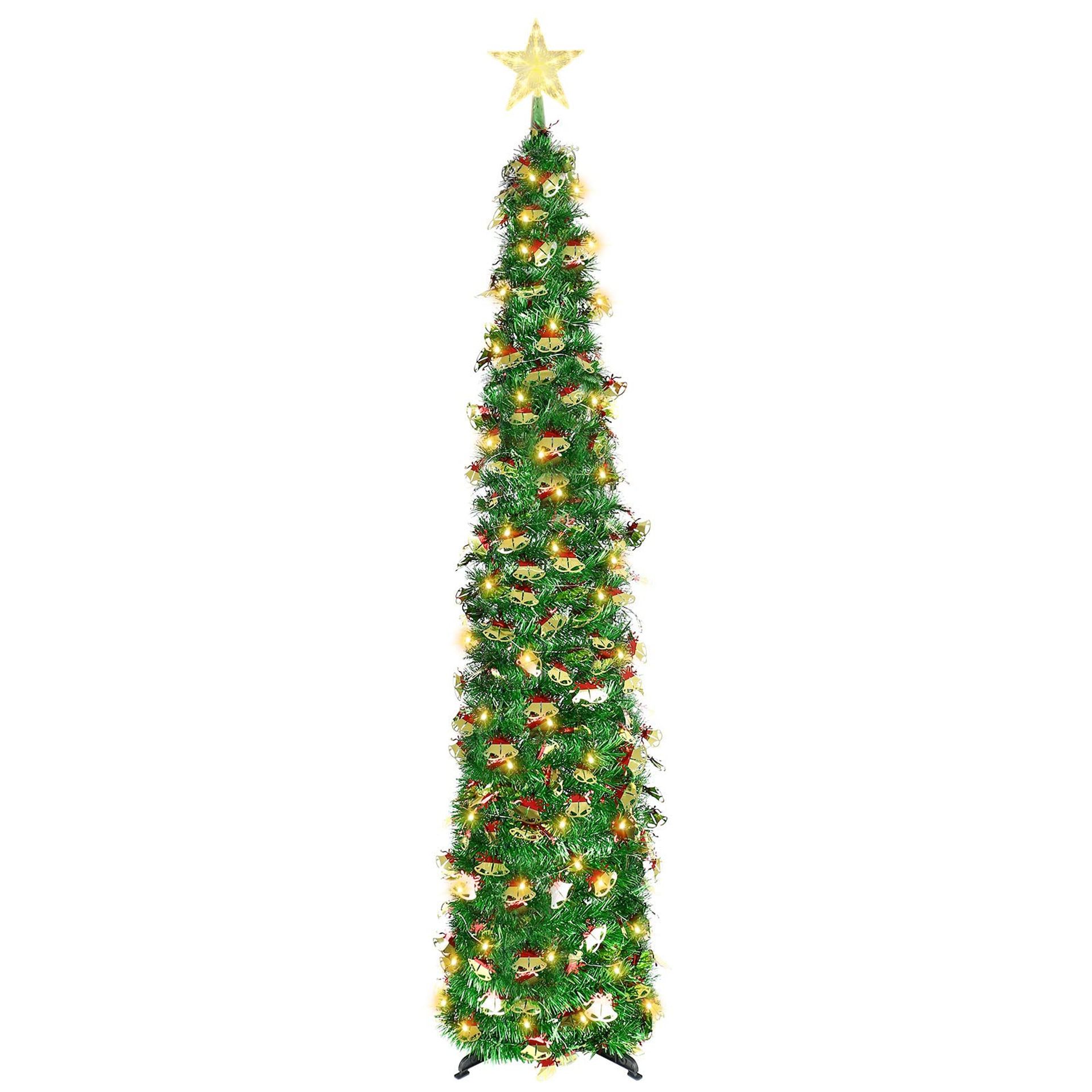 Pop Up Christmas Tree Collapsible Artificial Tinsel with LED & Star Dome Light for Indoor Outdoor Decoration - Golden 150cm