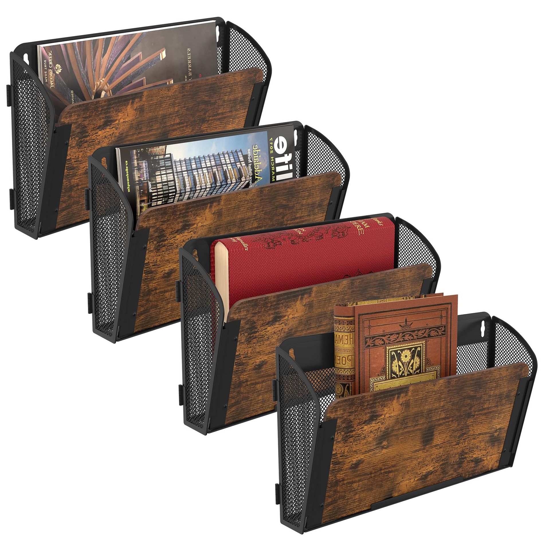 4 Pockets Wall File Organiser Wooden Magazine Holder A4 Document Storage Rack for Office Home School - Black/Antique - Student Essentials