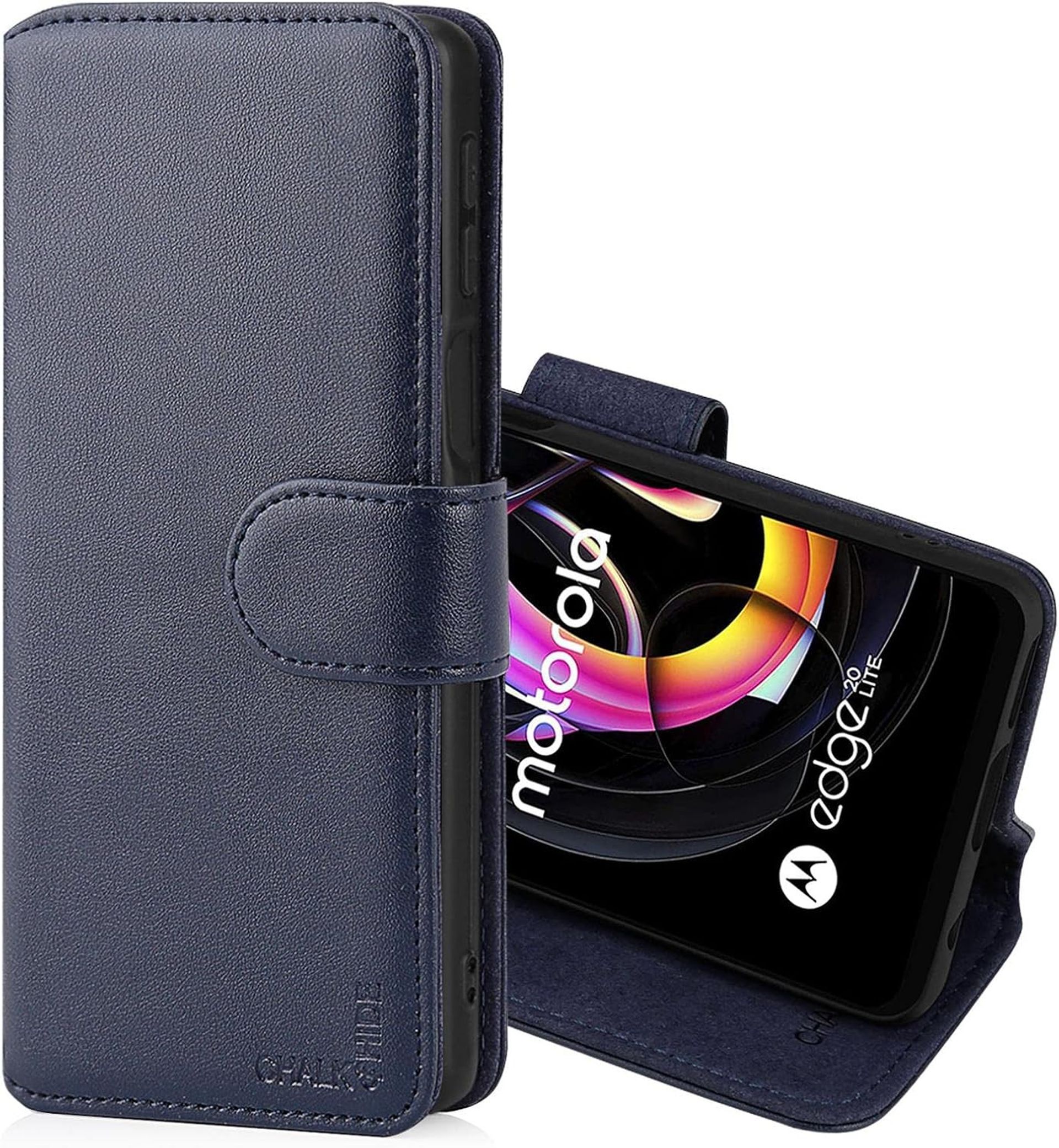 Real Leather Wallet Flip Case for Motorola Moto Edge 20 Lite with Card Slots, Magnetic Closure and Stand - Navy Blue