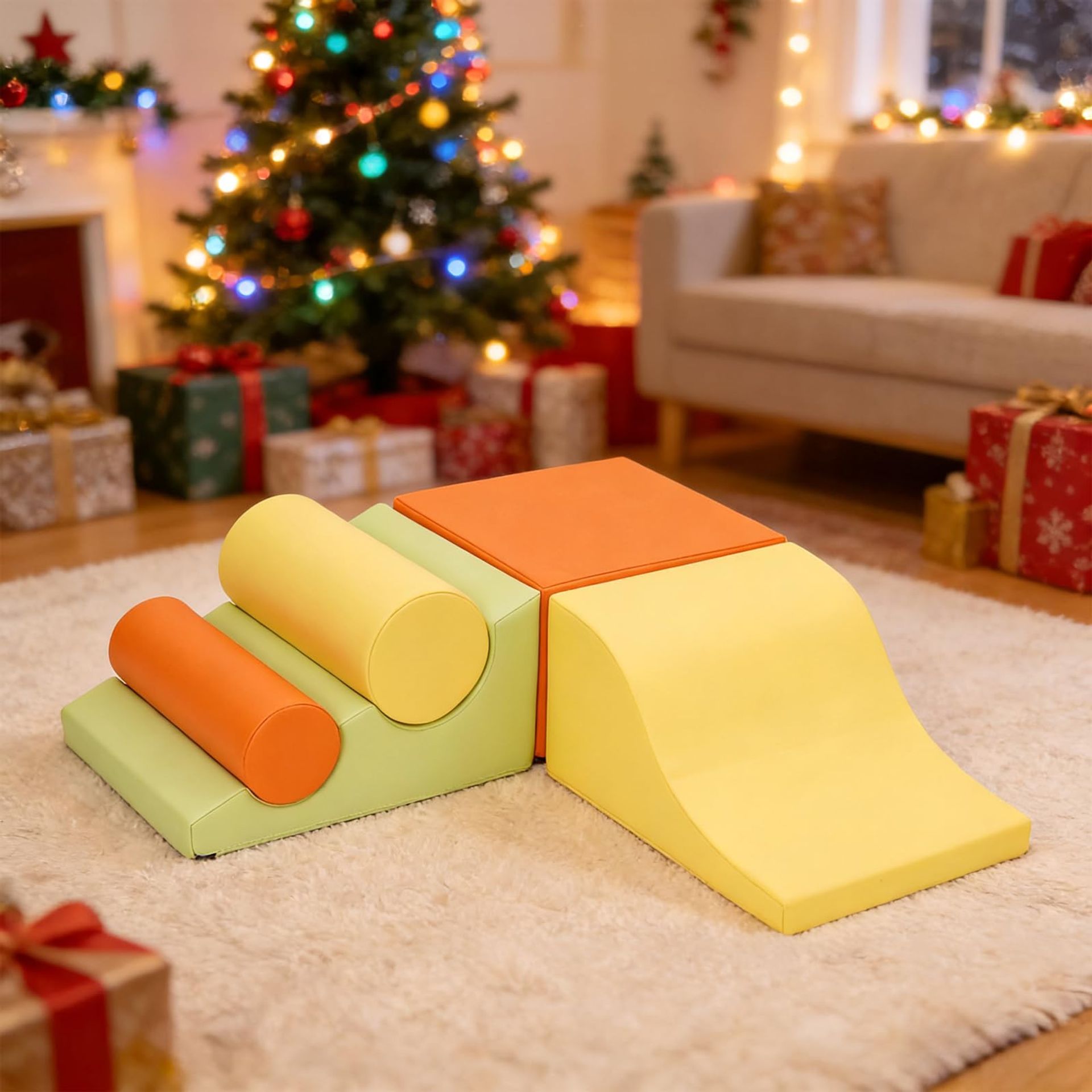 5 PCS Baby Soft Foam Climbing Blocks Set with Ramp Montessori Indoor Play Equipment - Orange, Yellow, Light Green 140x45x25cm