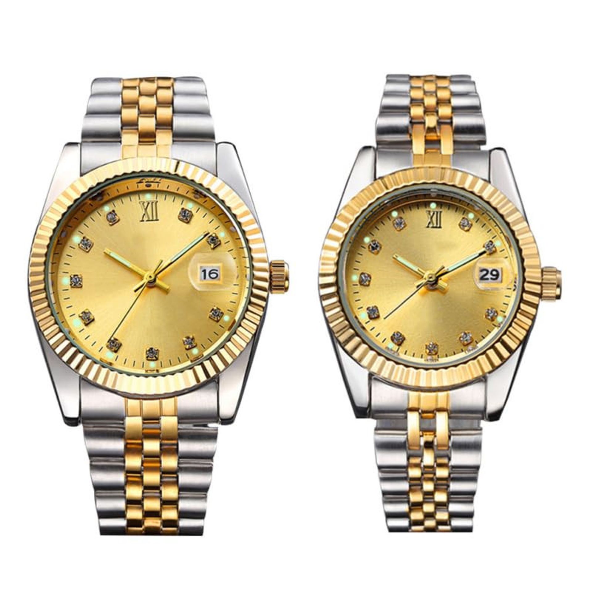 His and Her Matching Couple Watches Set Stainless Steel Quartz Wristwatch with Date and Luminous Hands - Gold Two Tone 20x3.5cm