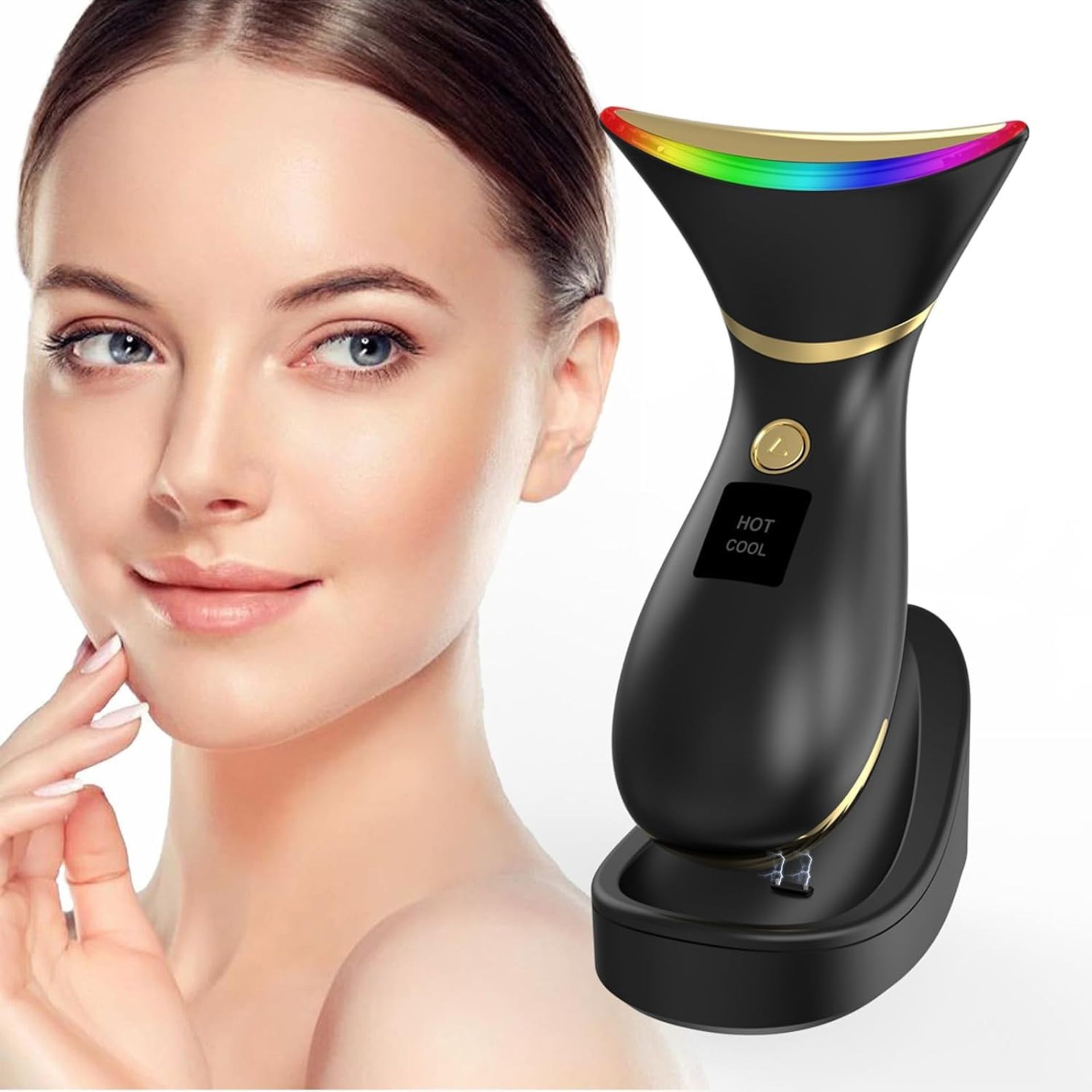 Electric Face Massager 7-Colour LED Light Therapy Wand with Hot & Cold Microcurrent Lift and EMS Firming - White AS