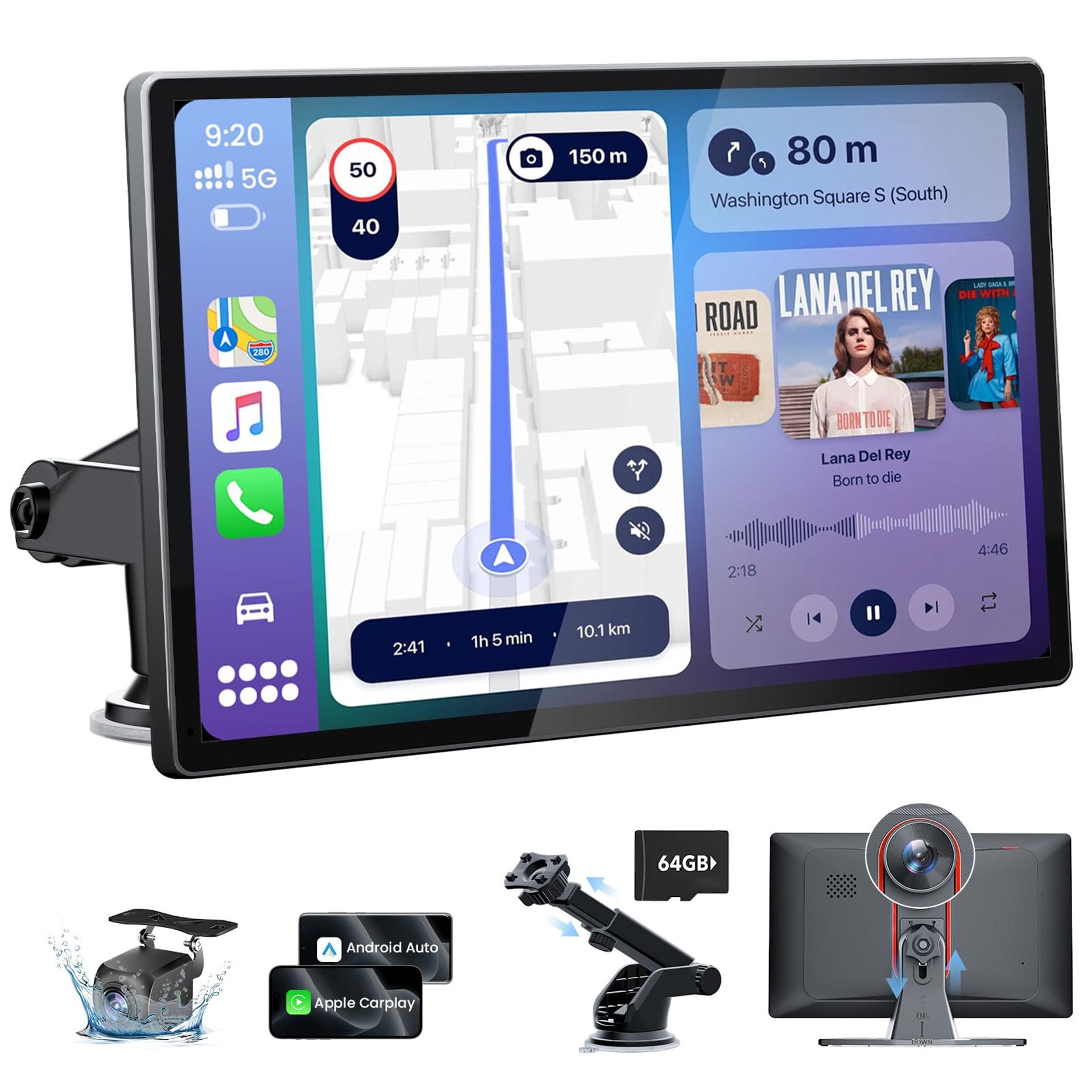 Wireless CarPlay & Android Auto Screen with 4K Dash Cam, 1080P Backup Camera, GPS & Voice Control - Black 9.0"