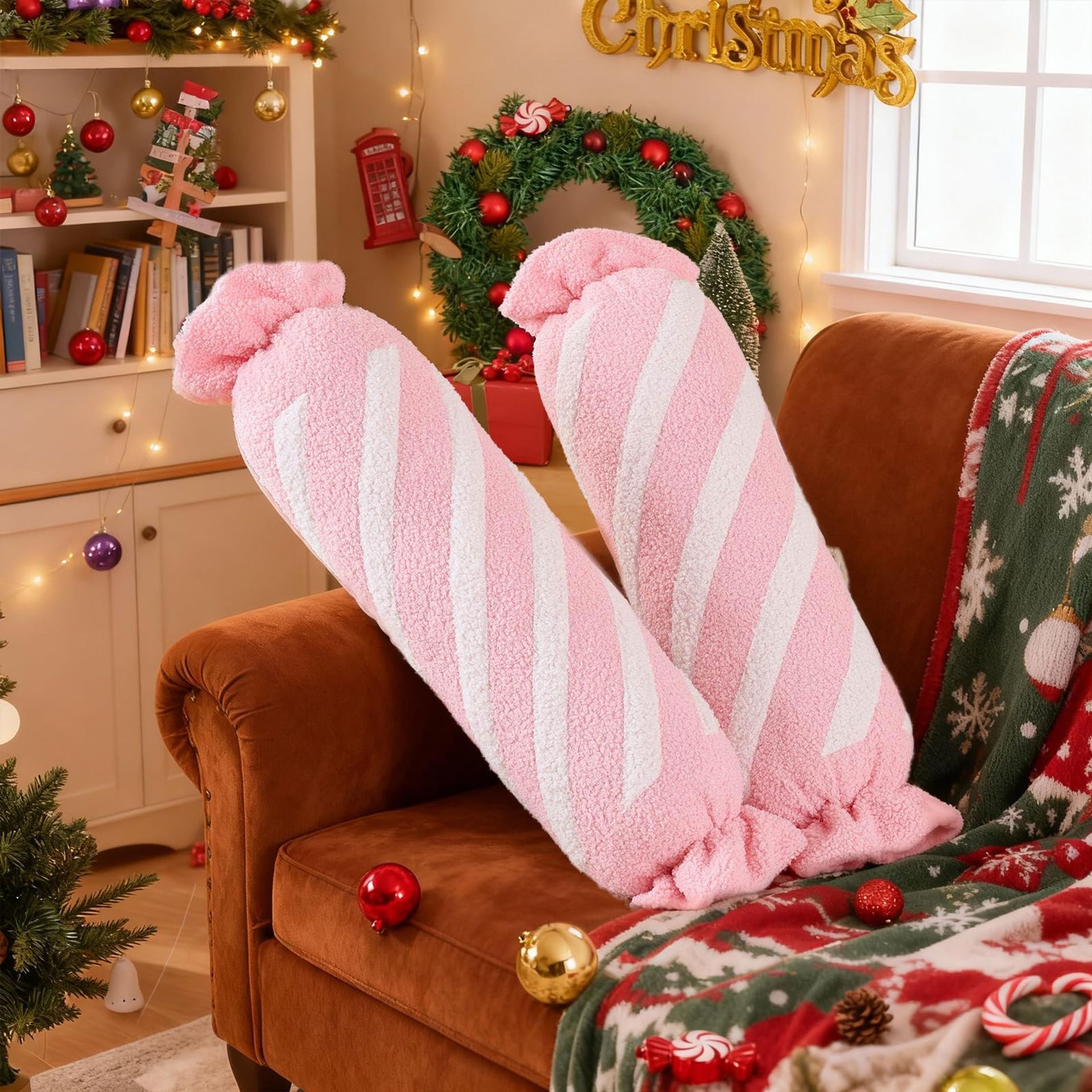 Christmas Candy Throw Pillows Set of 4 Soft Fleece Festive Cushions Cute Peppermint Lollipop Design for Sofa or Bedroom Décor - Pink Candy 4pk