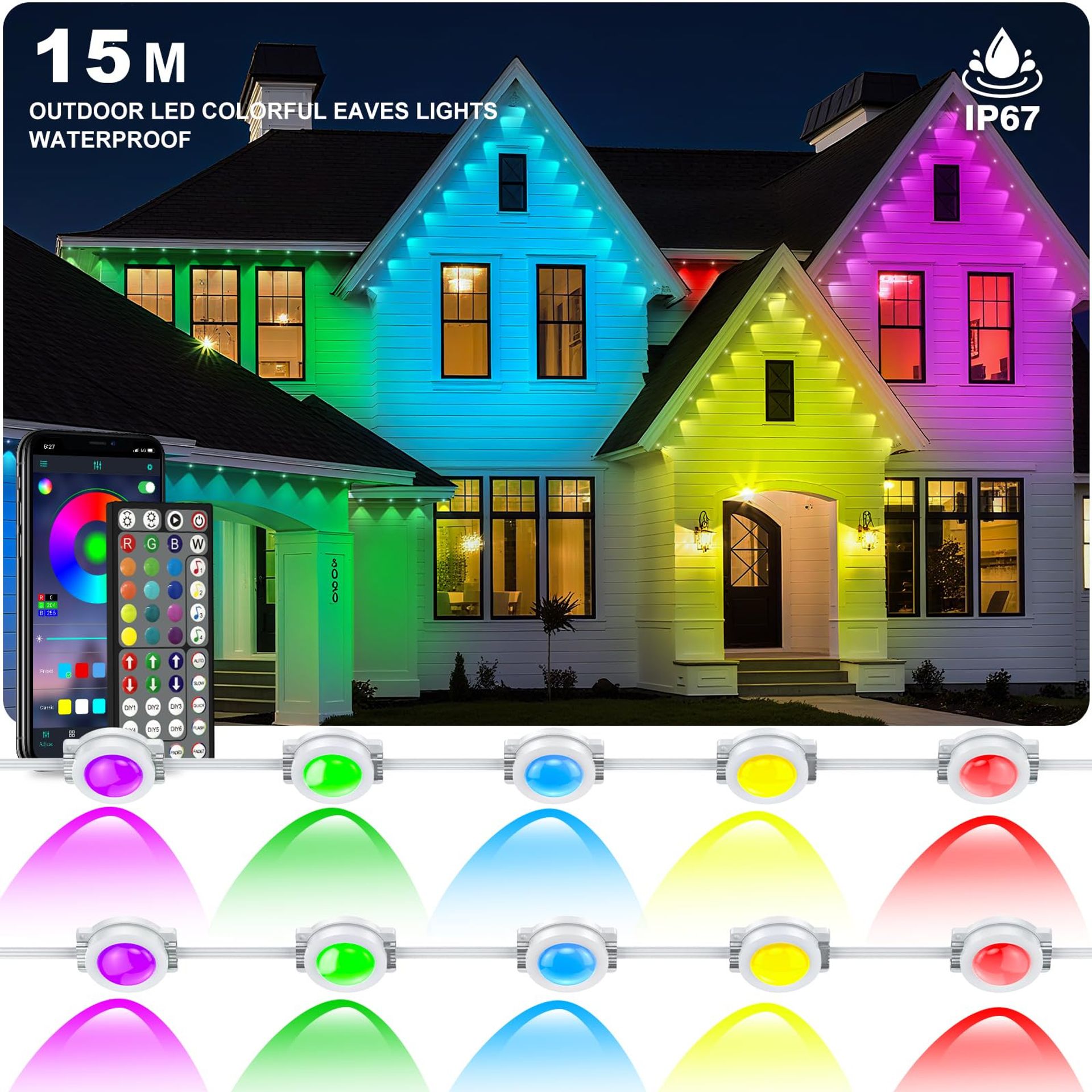 Permanent Outdoor Roof Edge Lights RGB App & Remote Control Waterproof IP68 15m Fairy String Lighting - RGB 49.2 ft