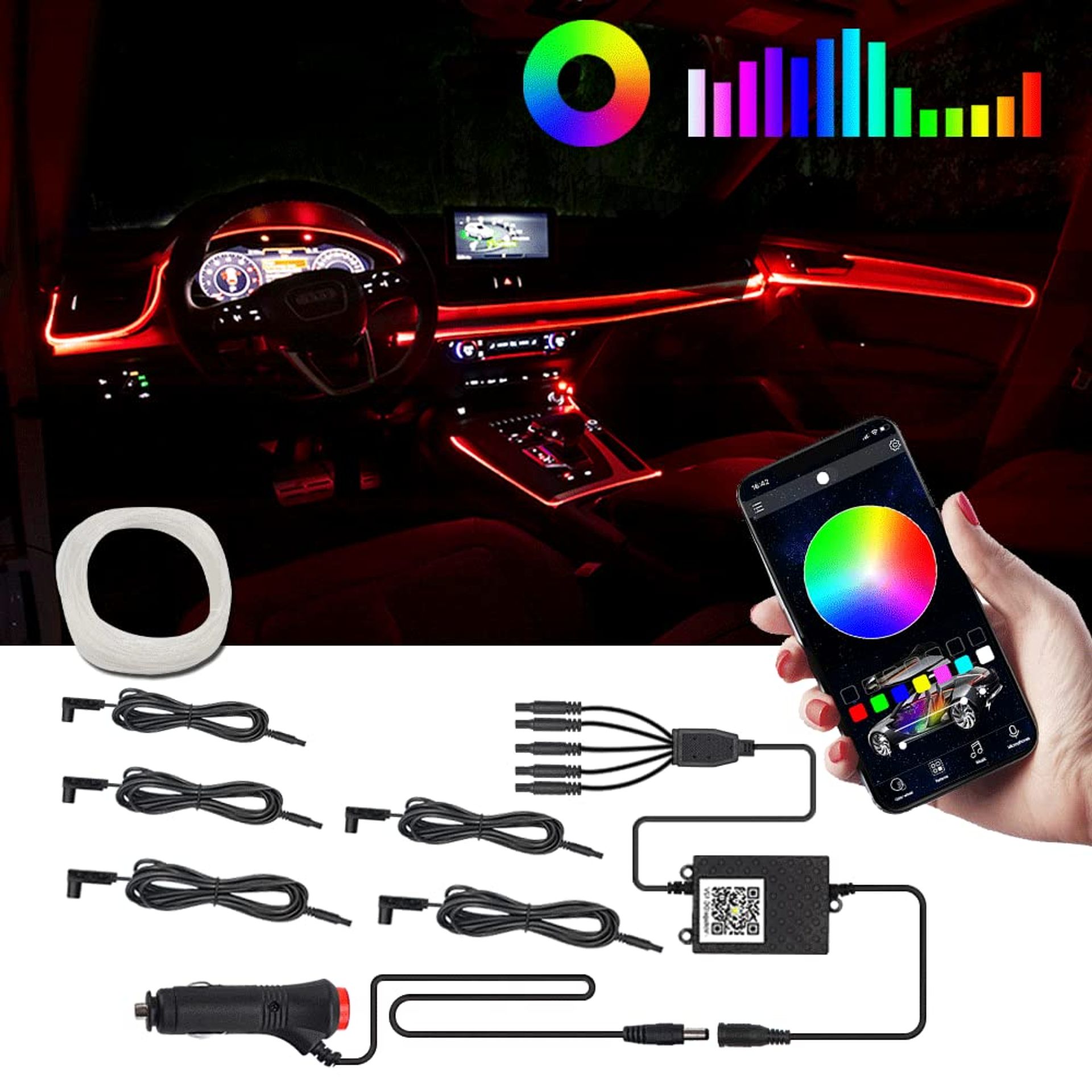 Car Interior Strip Lights 5-in-1 Multicolour RGB LED Ambient Lighting with APP Music Sync and DIY Mode - RGB 5 in 1 App