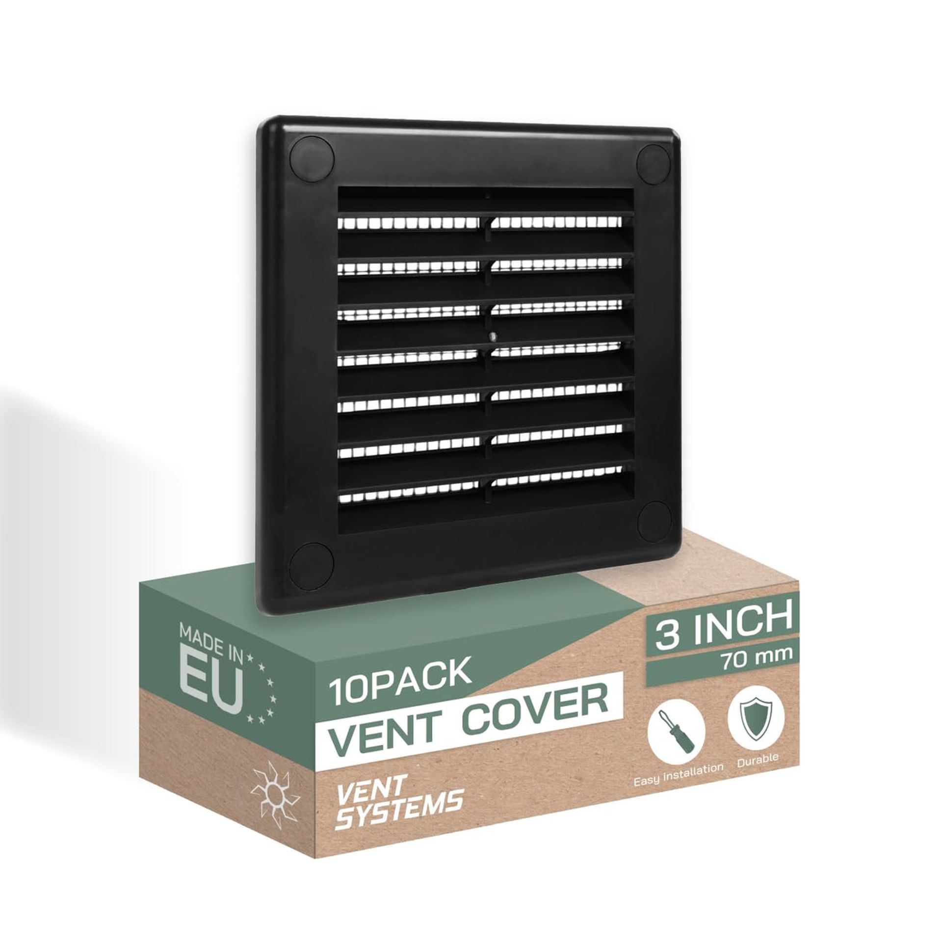 Soffit Vent Cover Set 10 Pack Flat Square Air Vent Louver with Built-in Insect Screen for HVAC, Bathroom, Kitchen, Home Office - Black 200x200mm