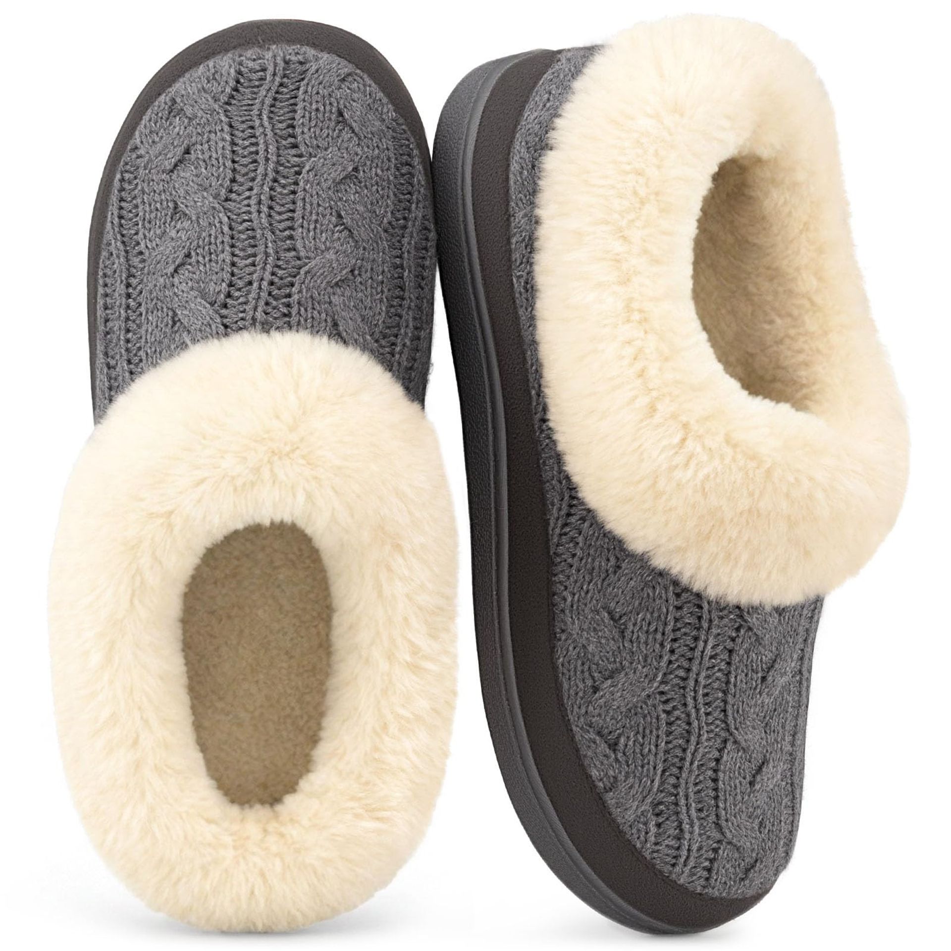 Women's Warm Knitted Faux Suede Memory Foam Moccasin Slippers with Cashmere Collar for Indoor Comfort - Grey UK 8