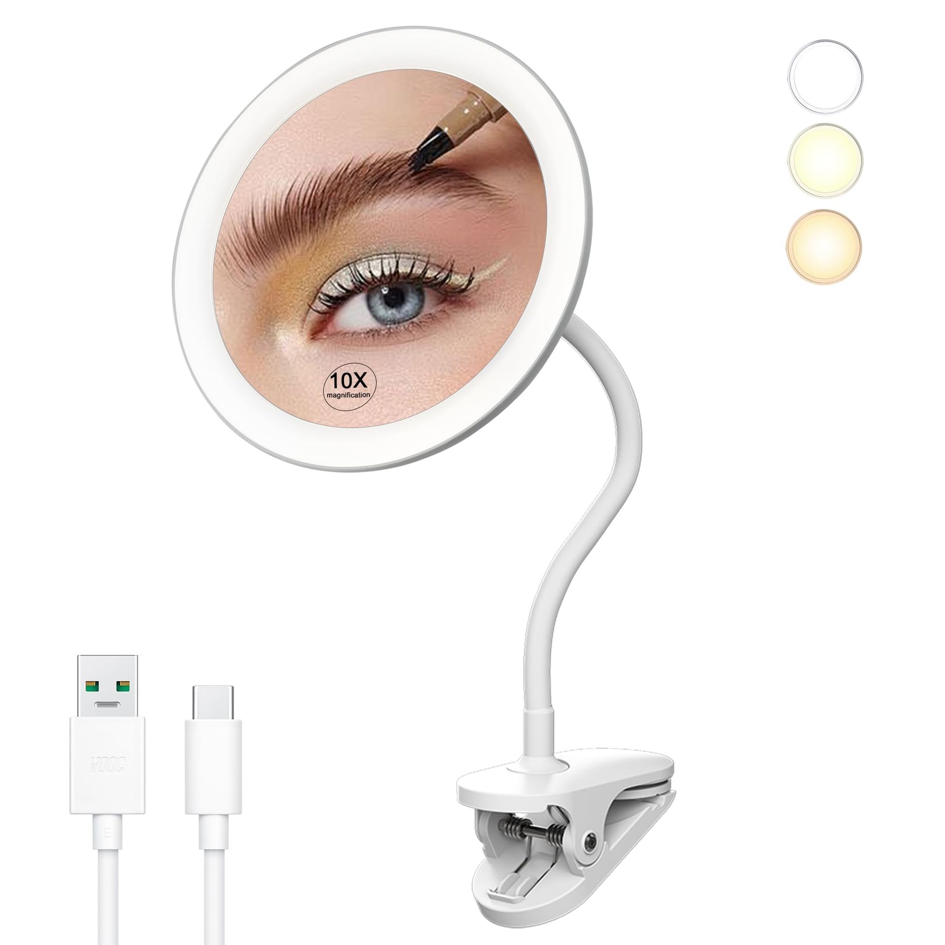Clip On Shaving Mirror with Light 360° Gooseneck USB Rechargeable Design - White 6.5 Inch