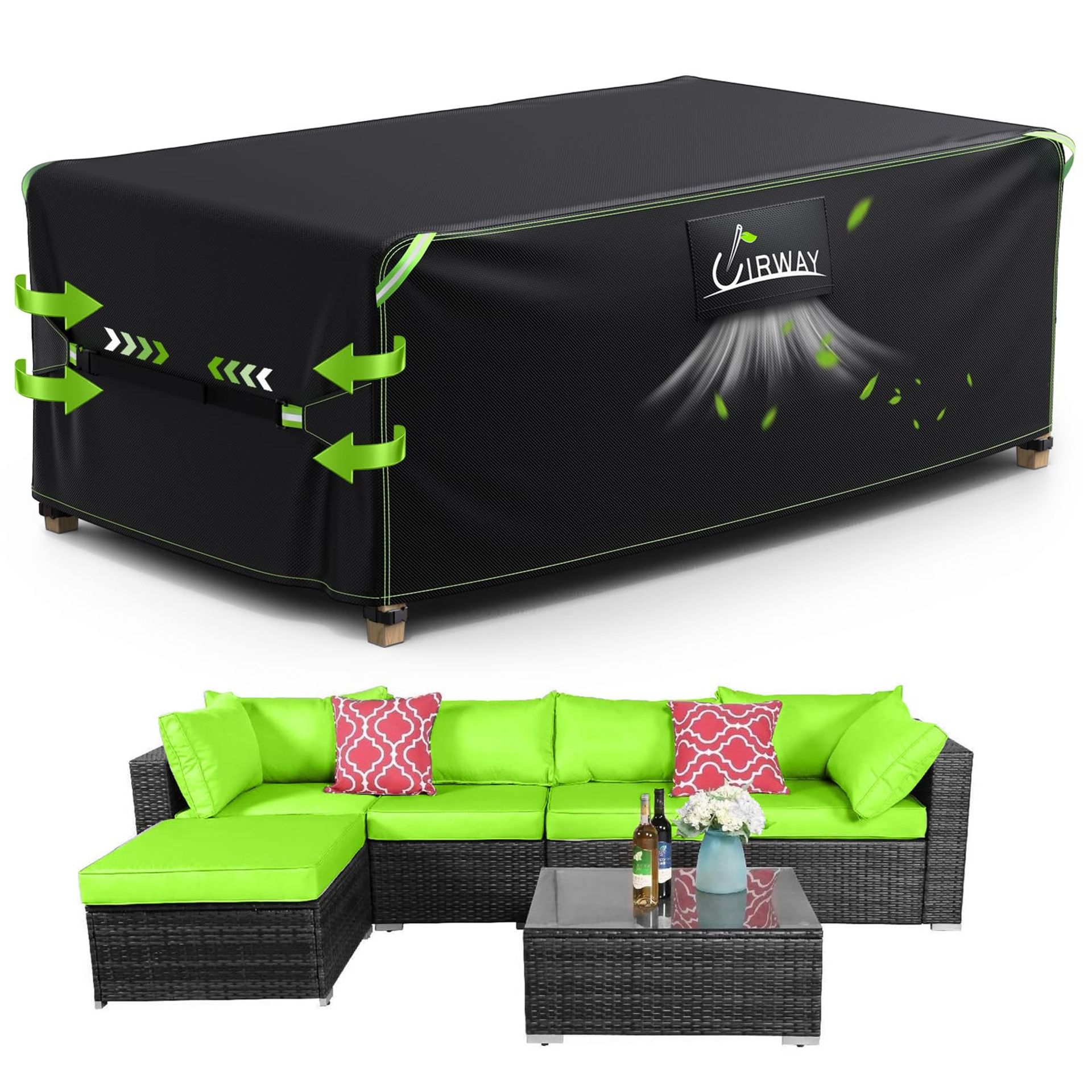 Waterproof Garden Furniture Cover 420D Heavy Duty with Air Vent and Reflective Strips for Outdoor Tables - Green 210x110x74cm