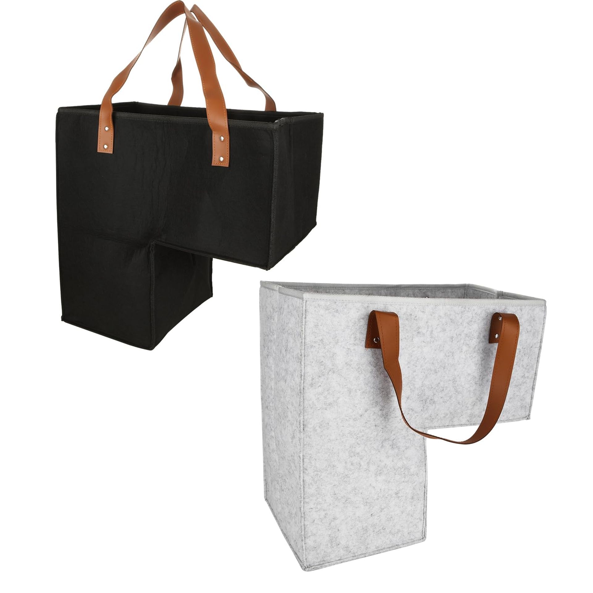 2 Piece Felt Stair Storage Baskets with Faux Leather Handles Foldable Organiser for Home, Laundry and Toys - Black & Grey 42x42x25cm - Student Essentials