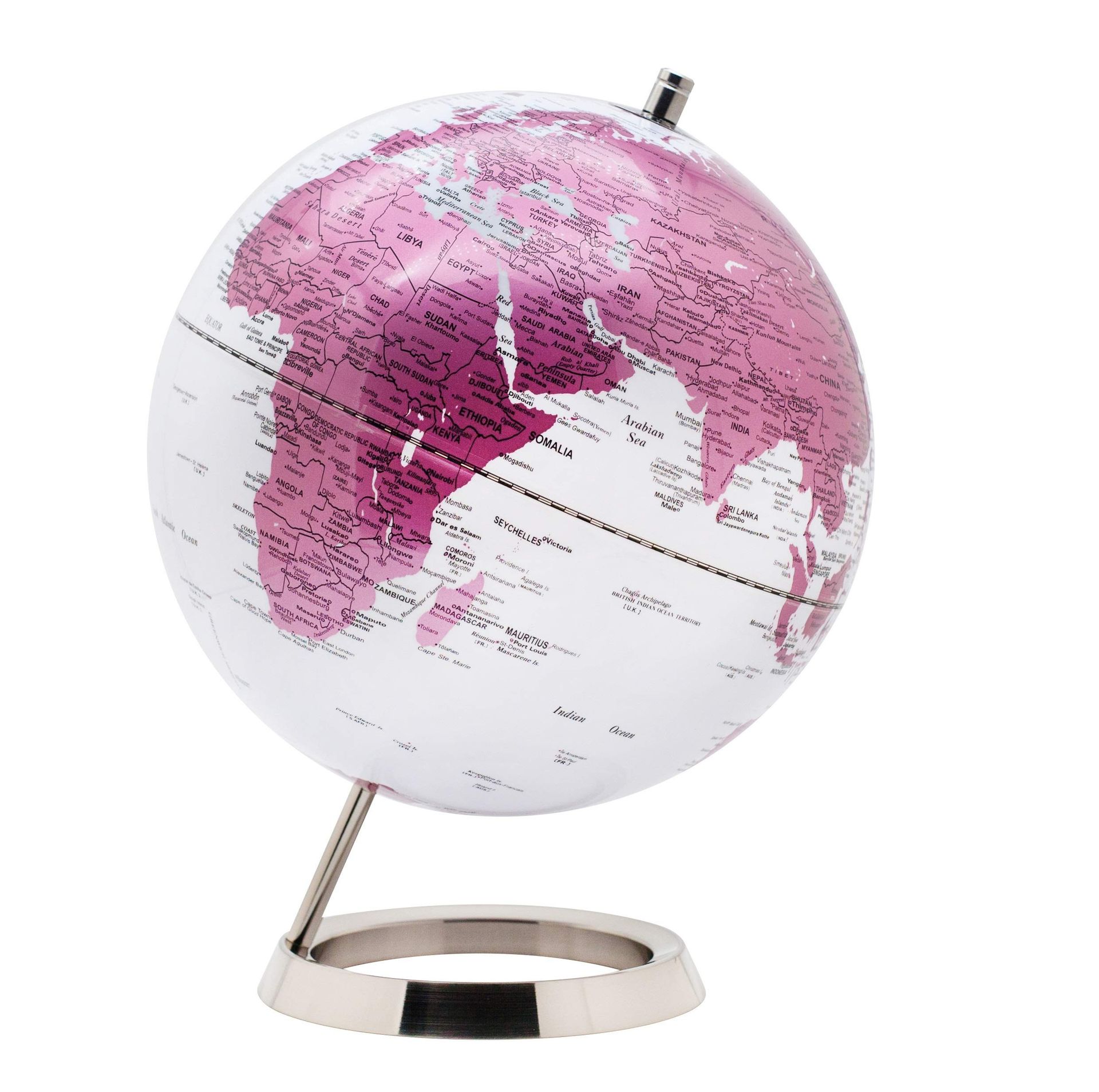 World Globe 25cm Desktop Ornament with Stainless Steel Stand Stylish Metallic Finish - Pink 25cm
