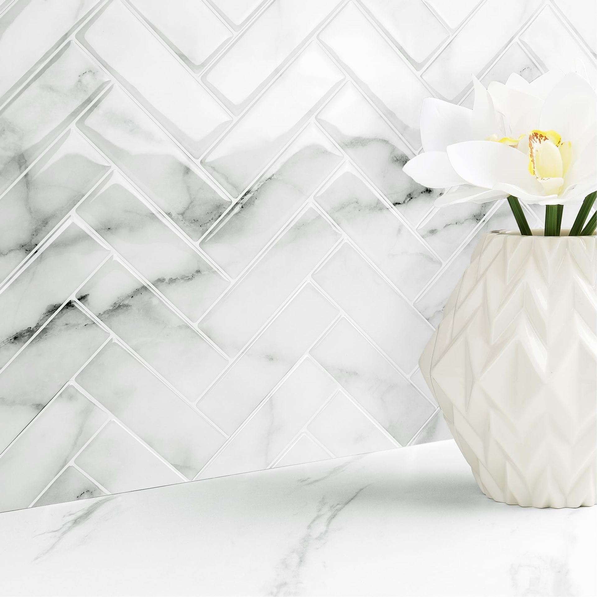 Stick On Kitchen Tiles 3D Peel and Stick Splashback Wall Stickers Heat Resistant Self Adhesive - Marble Grey 32 Tiles