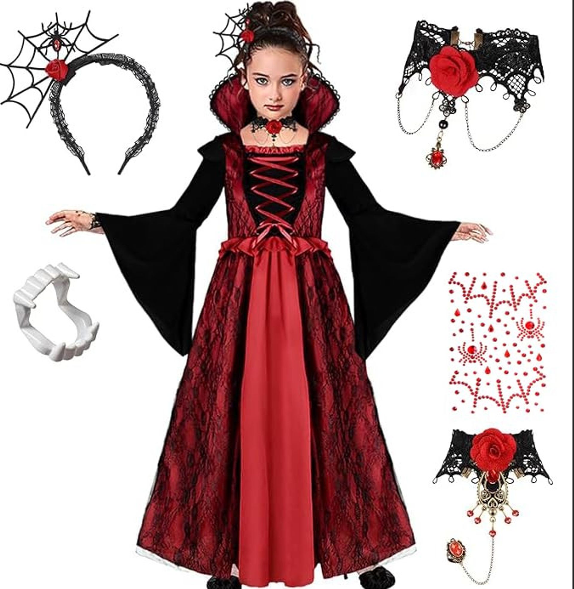 Children's Vampire Fancy Dress Gothic Victorian Costume with Necklace and Fangs - Black L (130cm)