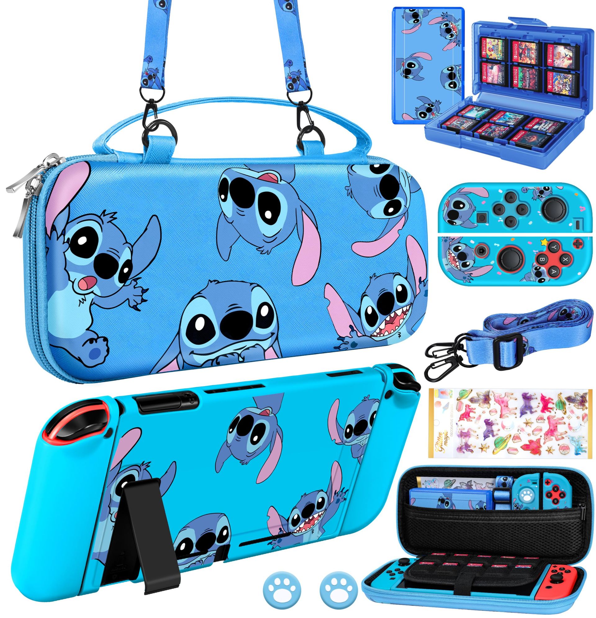 Nintendo Switch 9-in-1 Accessories Kit with Carrying Case, Protective Cover, Game Holder & Thumb Caps - Blue Stit