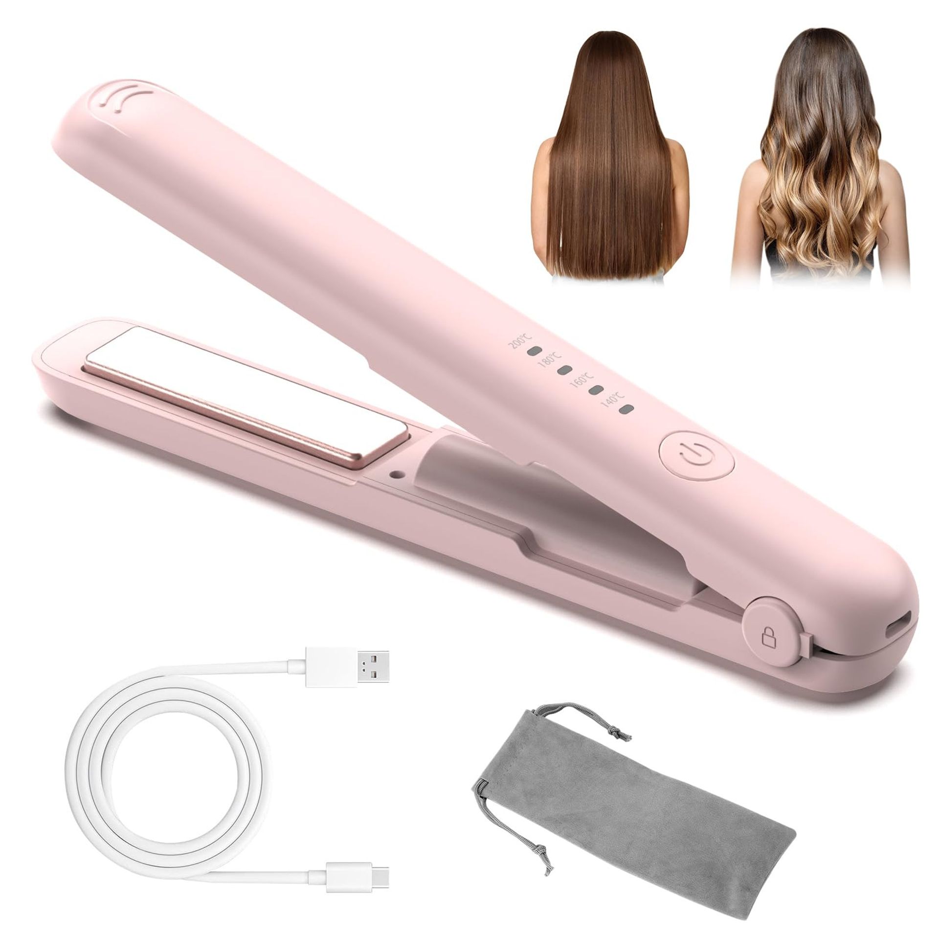 Cordless Hair Straightener 2-in-1 Mini Travel Flat Iron & Curler Quick Heat Up 4 Temperature Settings Rechargeable - Pink 2cm x 3cm