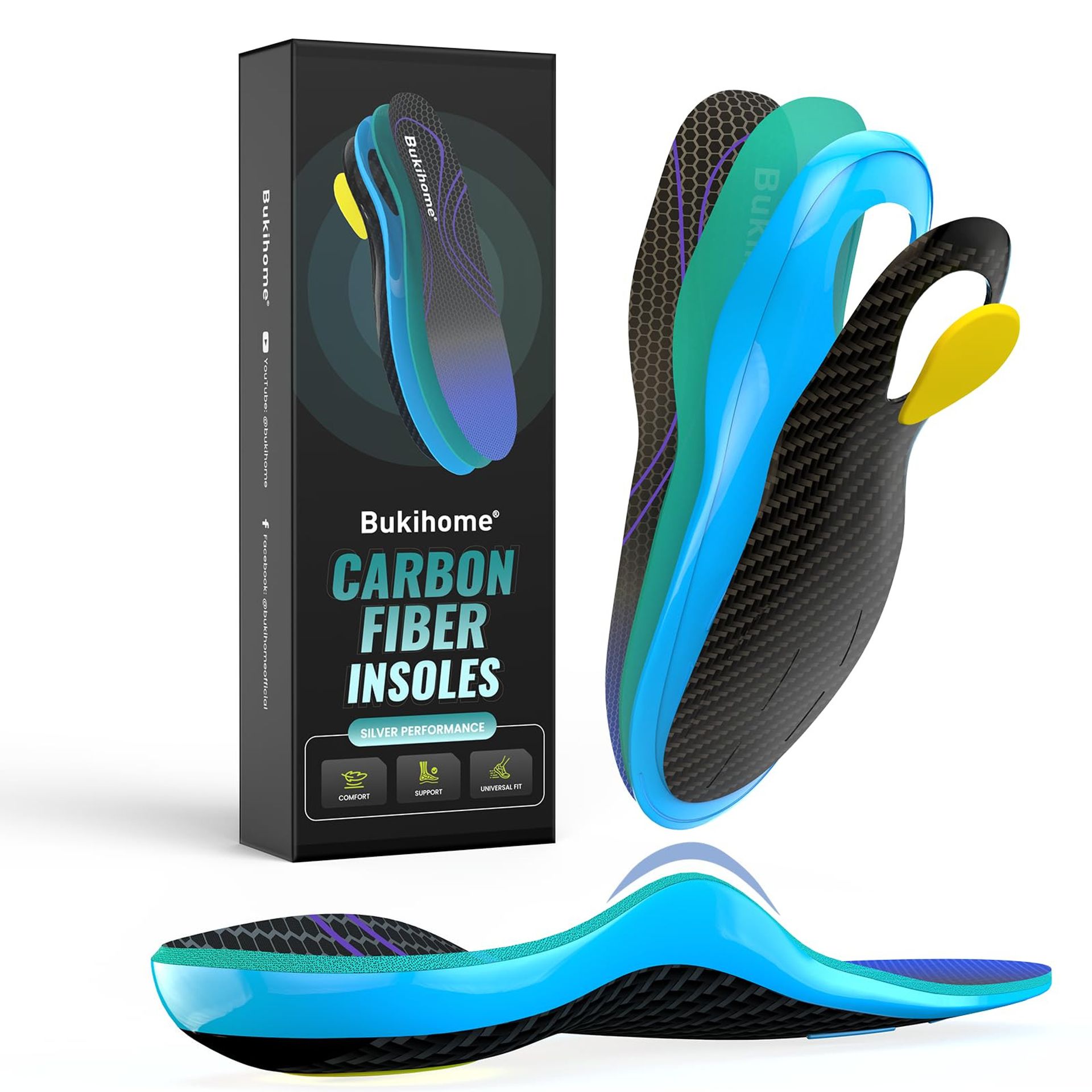 Carbon Fibre Insoles High Arch & Rigid Support Energy Return Non-Cleated Sports Use - Lake Blue 3XL