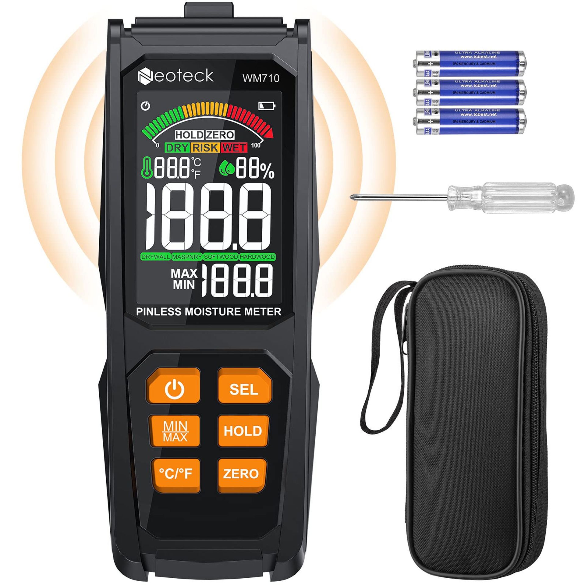 Pro Pinless Moisture Meter ±4% Accuracy 20mm Depth VA Colour Screen & Alarm - Grey VTMNTK166