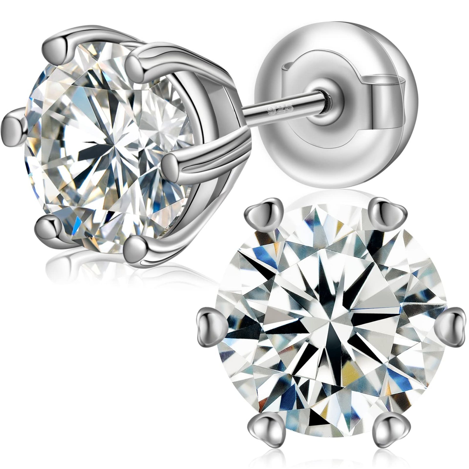 S925 Sterling Silver Moissanite Stud Earrings Hypoallergenic Flat Back For Women & Men - Silver 6.5MM