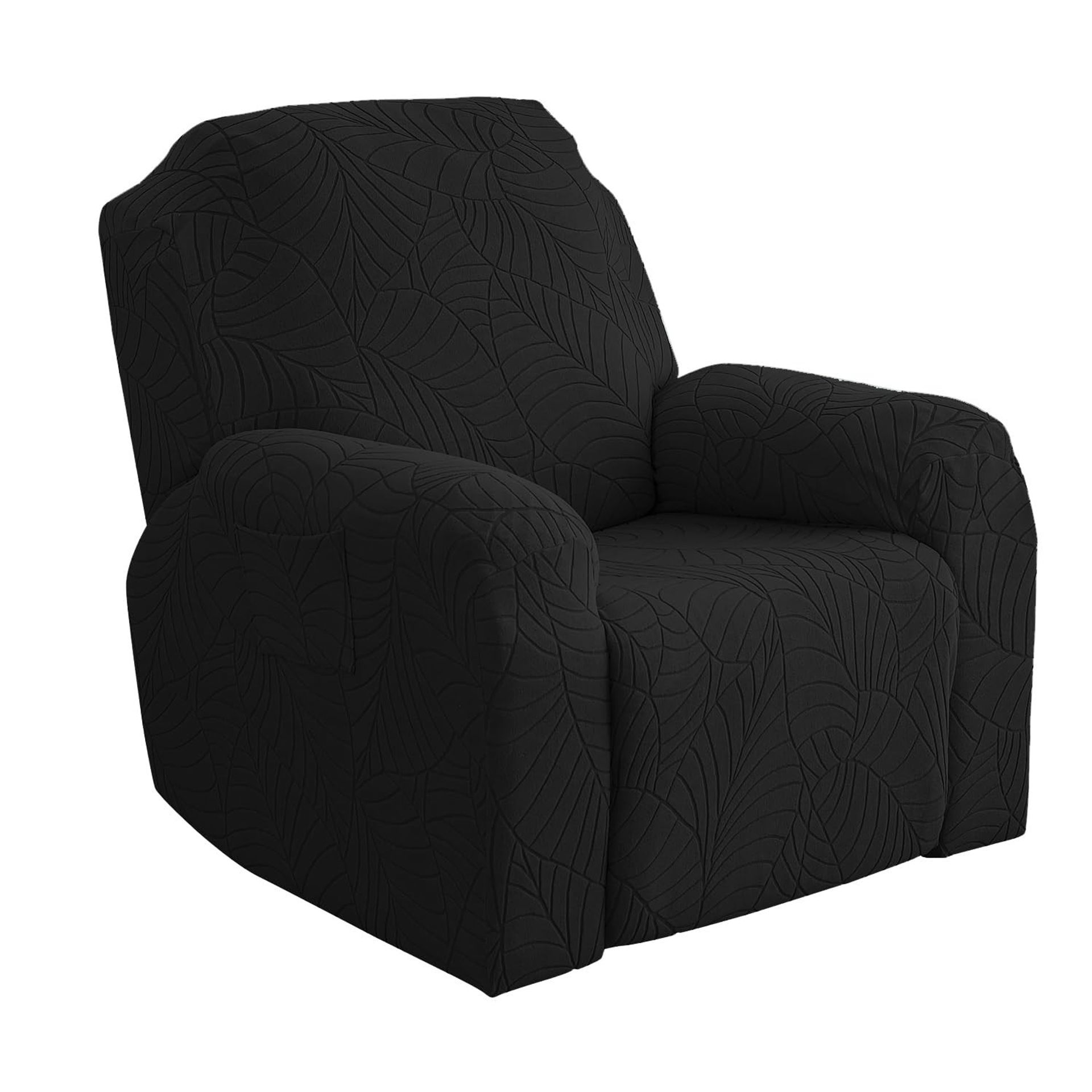 Stretch Recliner Chair Cover Jacquard Spandex Fabric with Elastic Side Pocket 4-Piece Set - Black 3 Seater