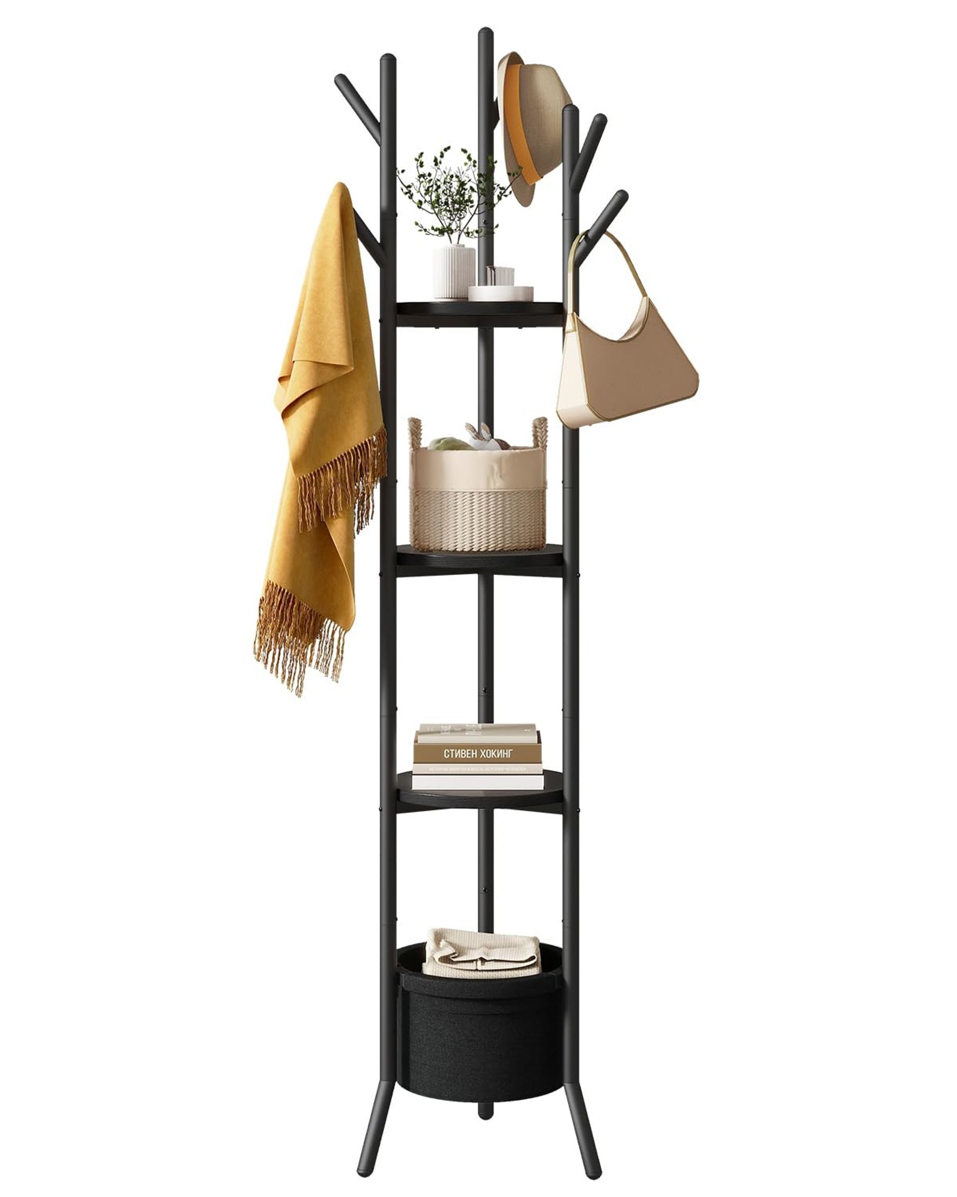 Freestanding Coat Rack with Shelves and Fabric Basket for Hallway, Bedroom or Entryway - Black Largo