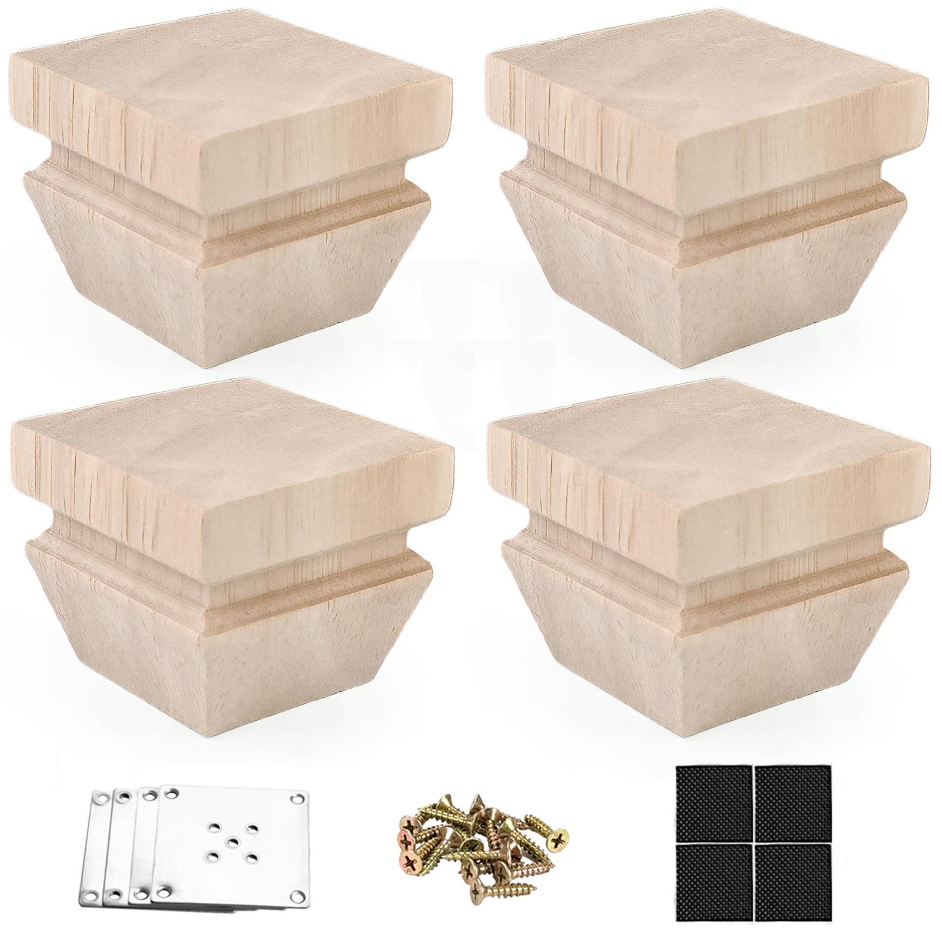 Wooden Furniture Legs Set of 4 with Mounting Plates and Screws for Sofa, Cabinet, Bed and Dresser - Unfinished 5cm