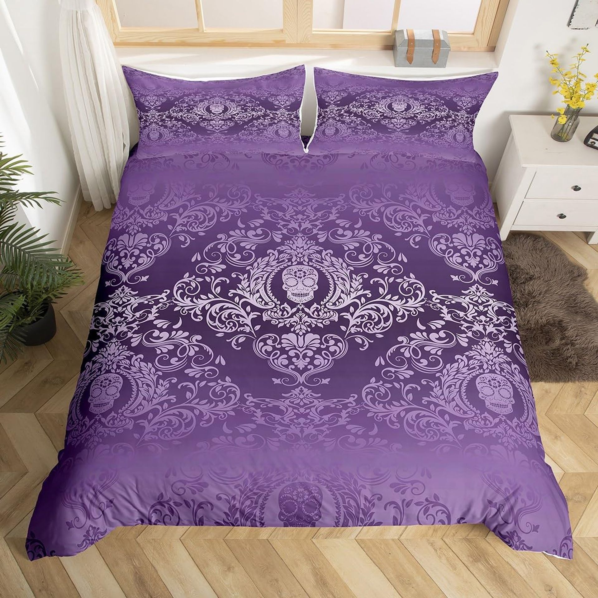 Adults Purple Vintage Damask Floral Duvet Cover Set Oriental Boho Design Soft Microfibre Bedding - Multicoloured 60106 Single - Student Essentials